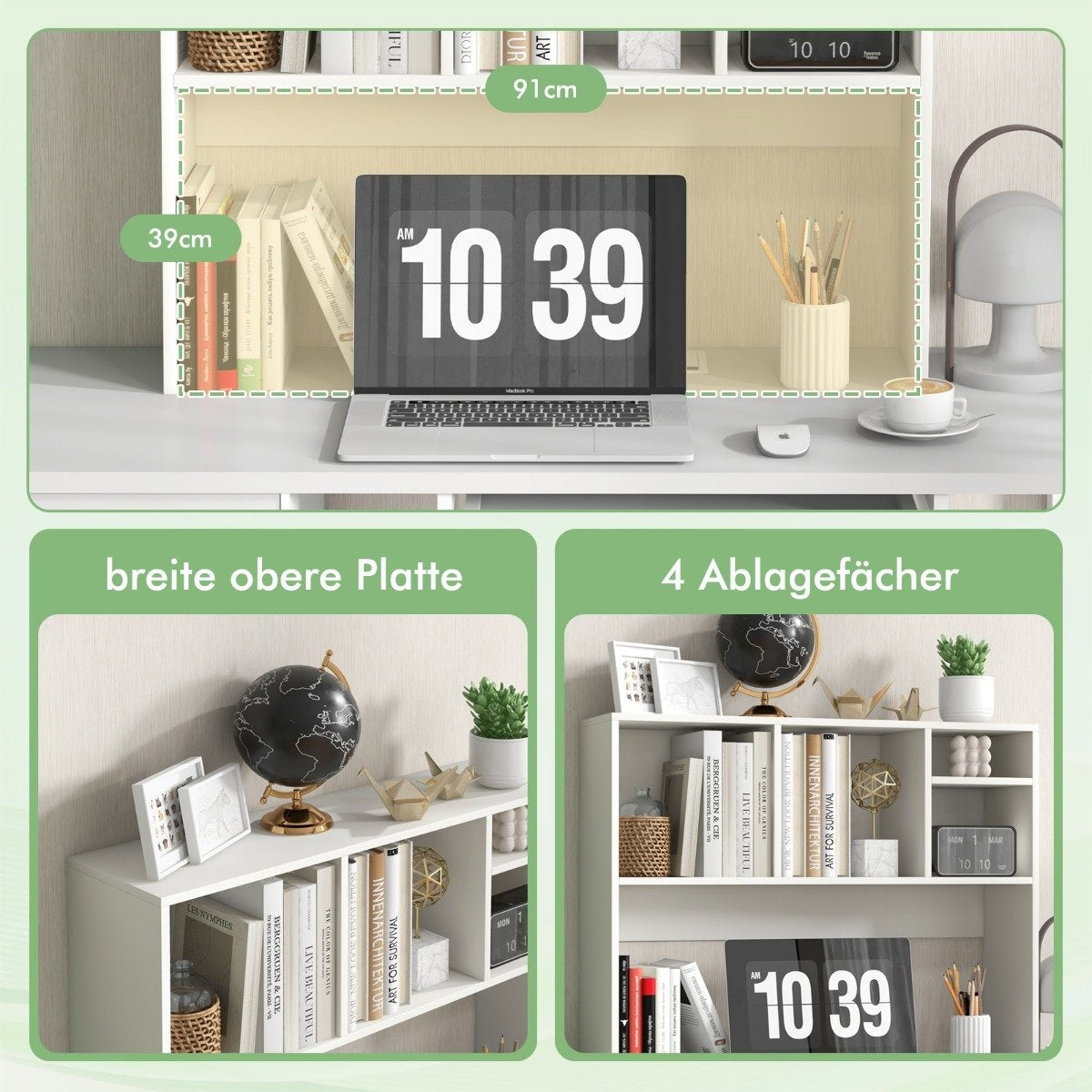 Desk shelf with 4 compartments, table shelf, desk top shelf, bookcase, 94 x 25 x 73 cm, white