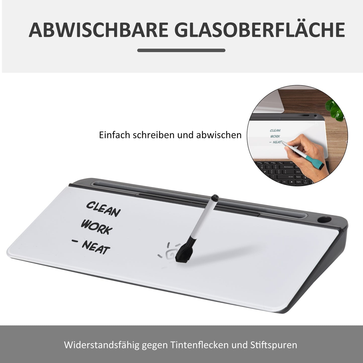 Glass writing board with table stand, 45x20cm, white+black