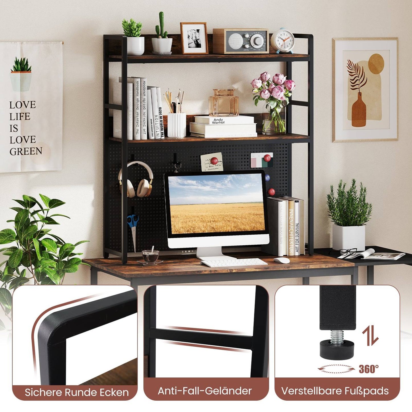 Desktop Shelf with Pegboard, Metal Frame, 2-Tier, 32" Monitor