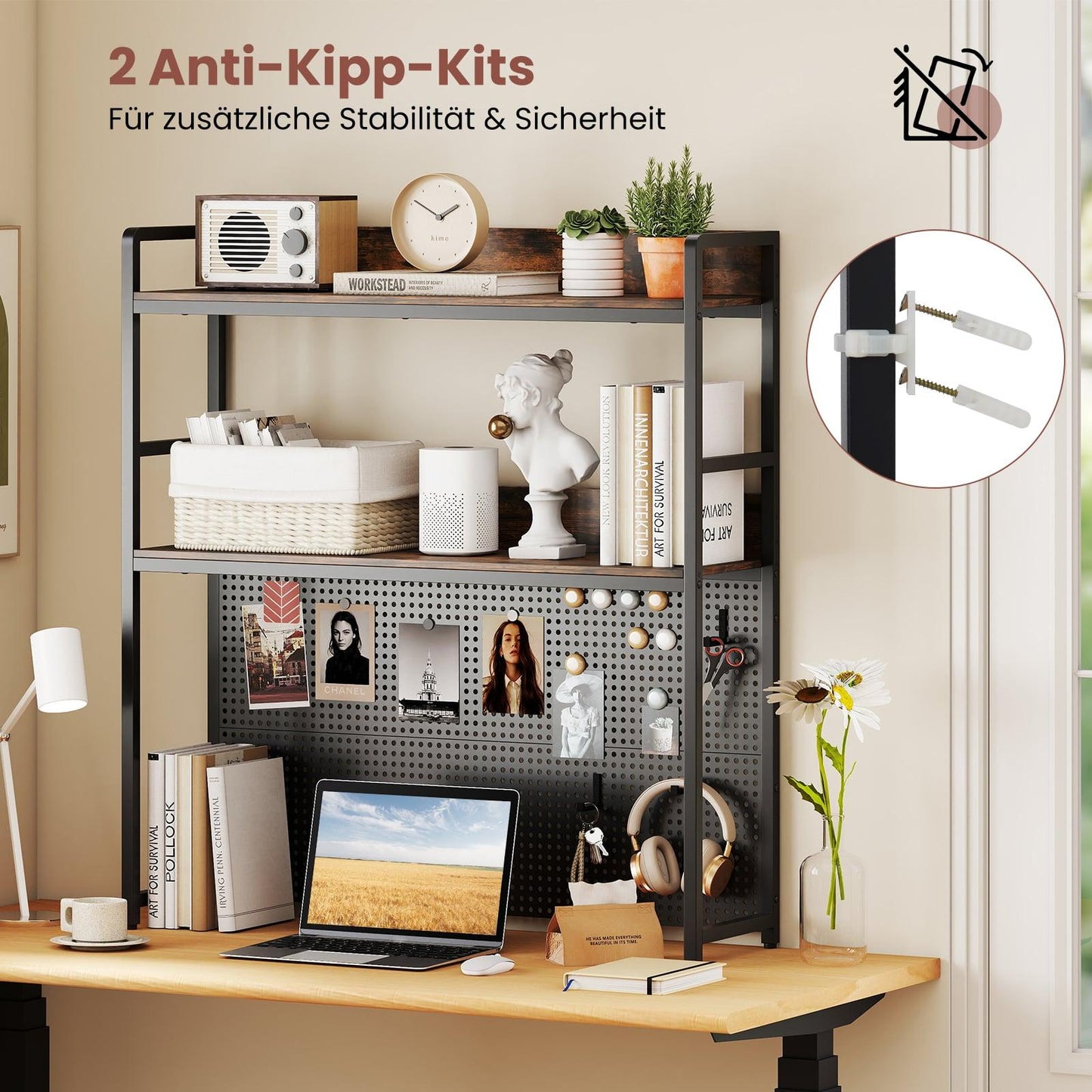 Desktop Shelf with Pegboard, Metal Frame, 2-Tier, 32" Monitor