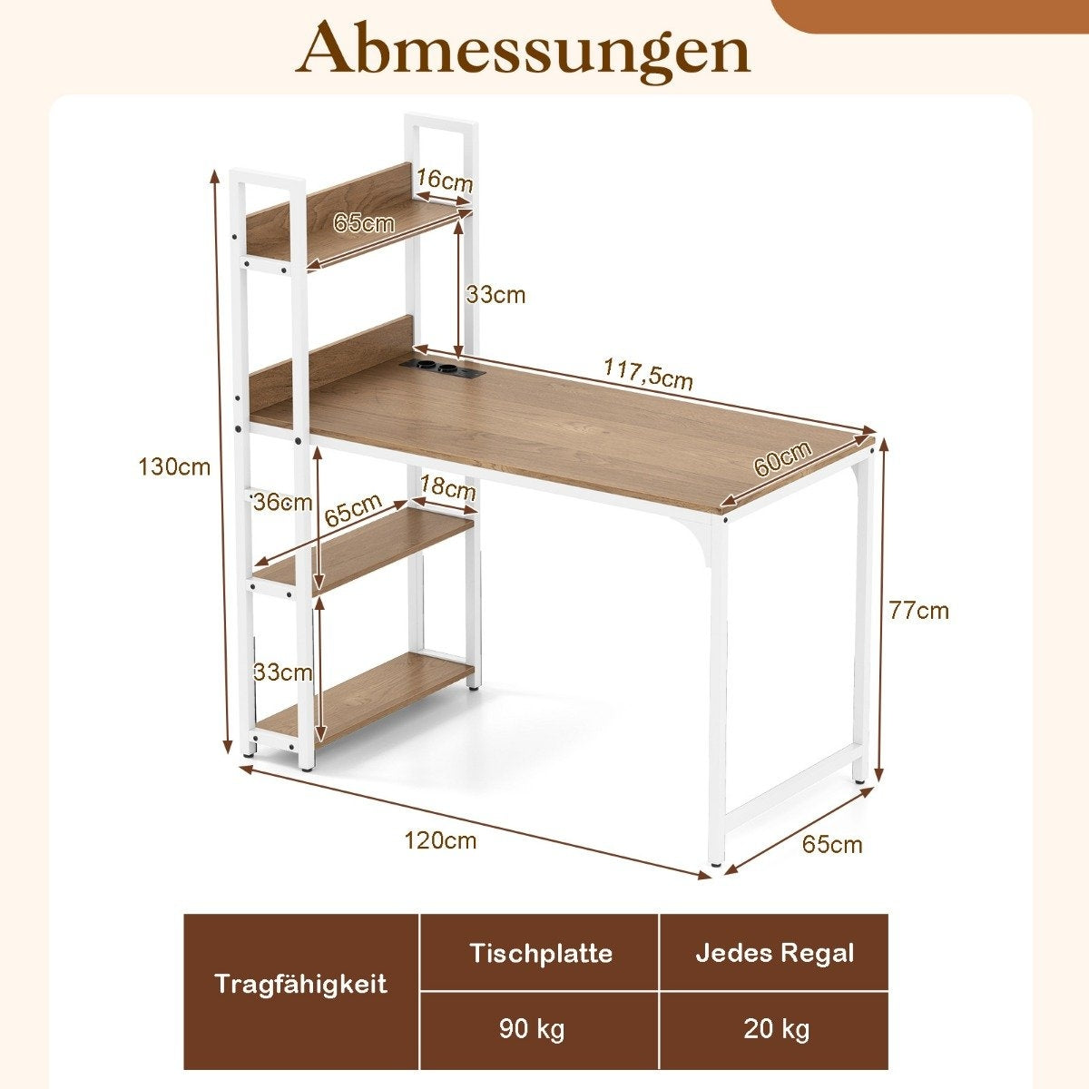 Desk with Charging Station, 120x65 cm, Natural Wood
