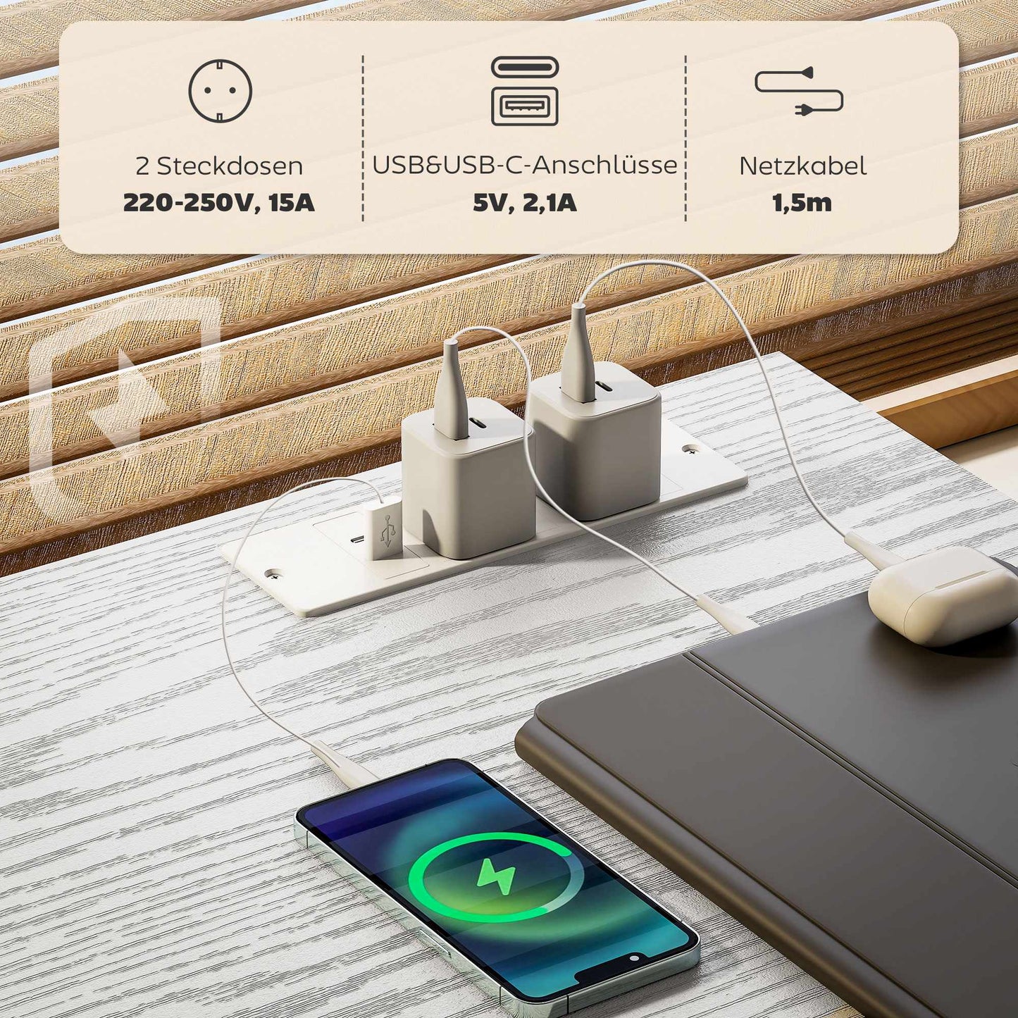 Desk with Charging Station, Storage Drawers, and Shelves