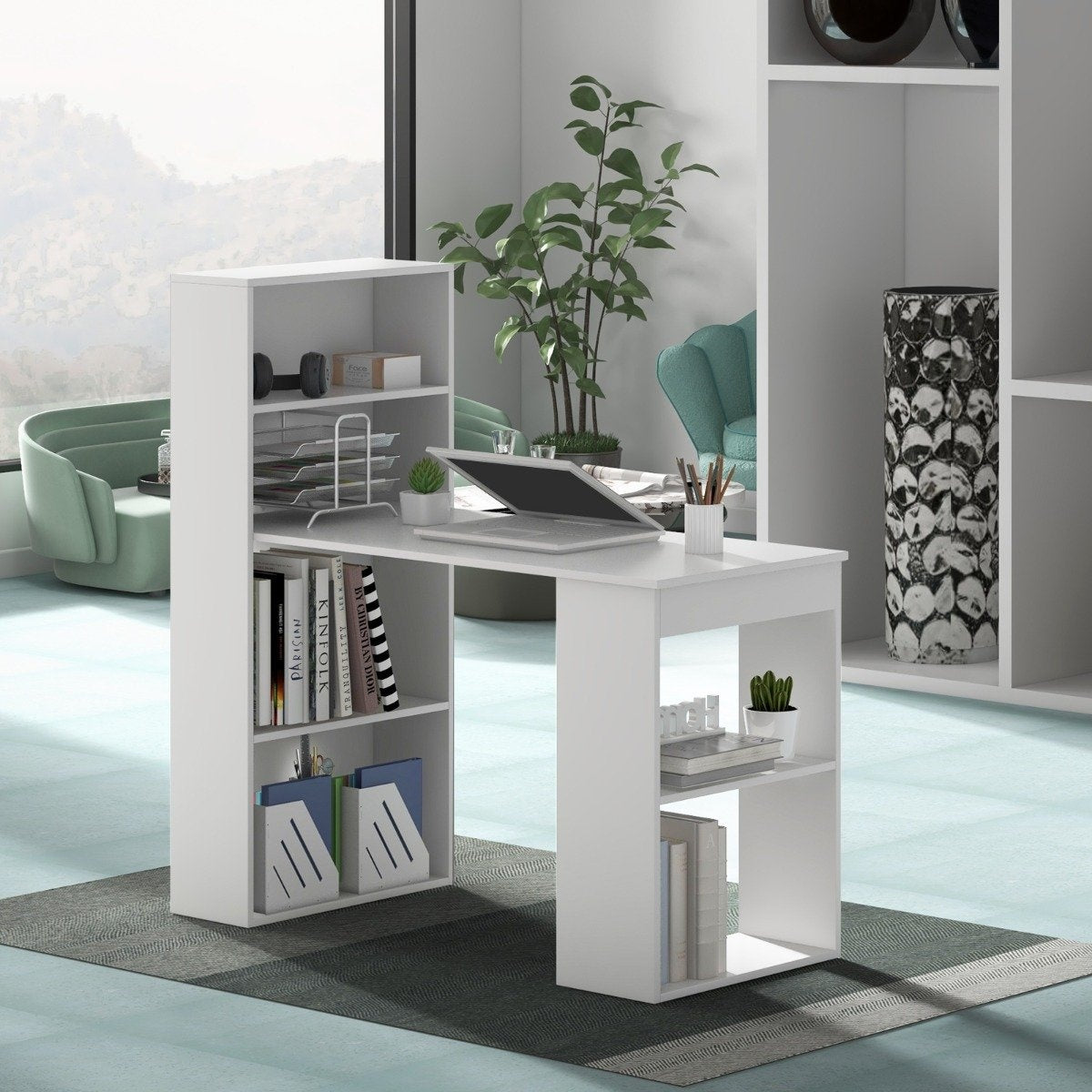 Desk with bookshelf Computer table with 6 shelves PC table with shelf Office table white