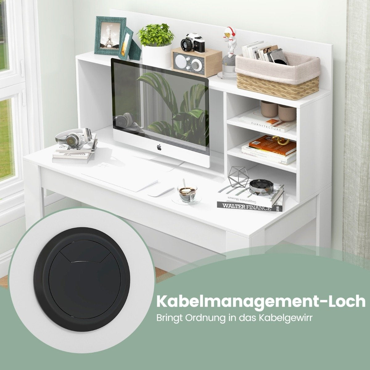 Desk with bookshelf & cable management holes 120 x 54 x 129 cm white