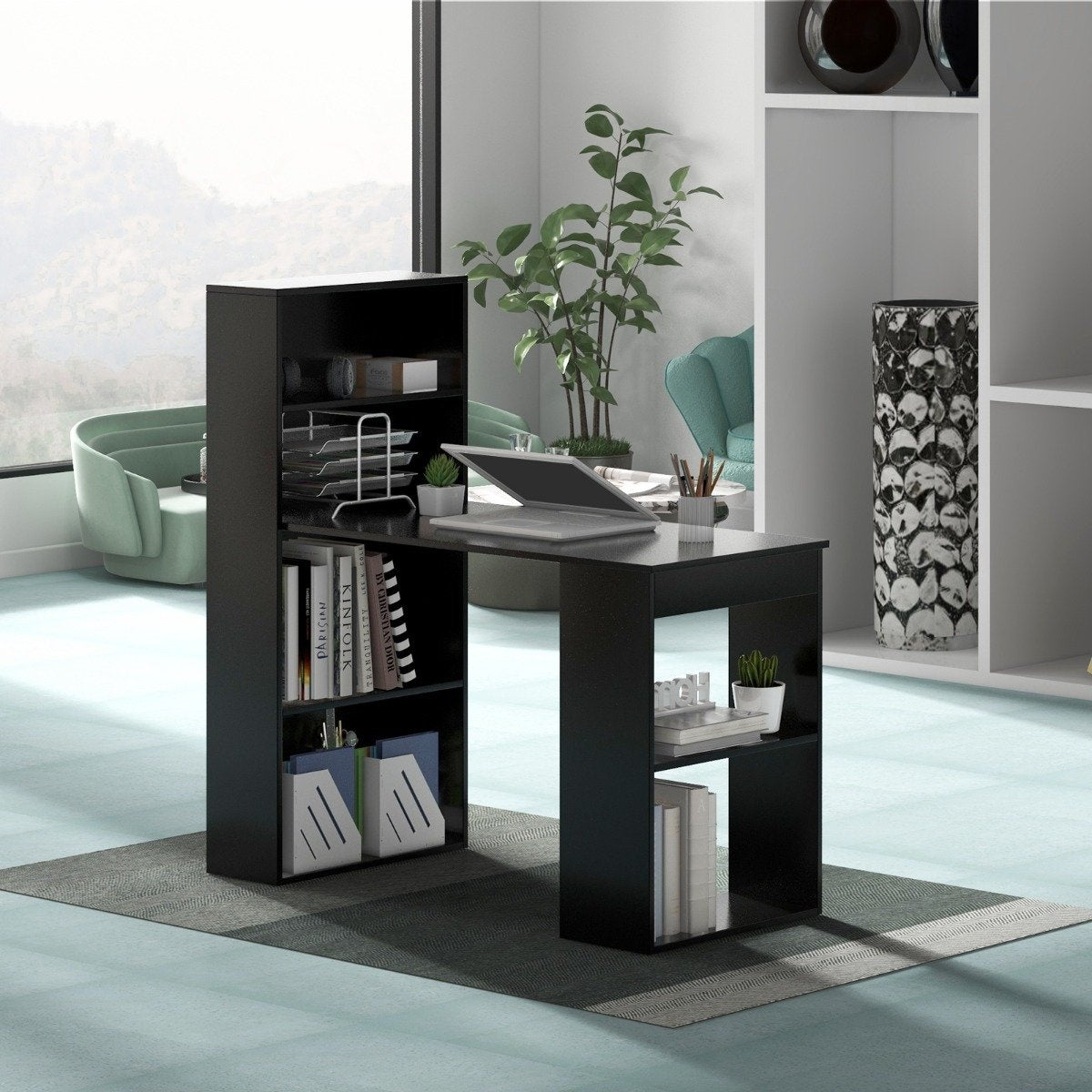 Desk with bookshelf computer table with 6 shelves PC table with shelf office table black