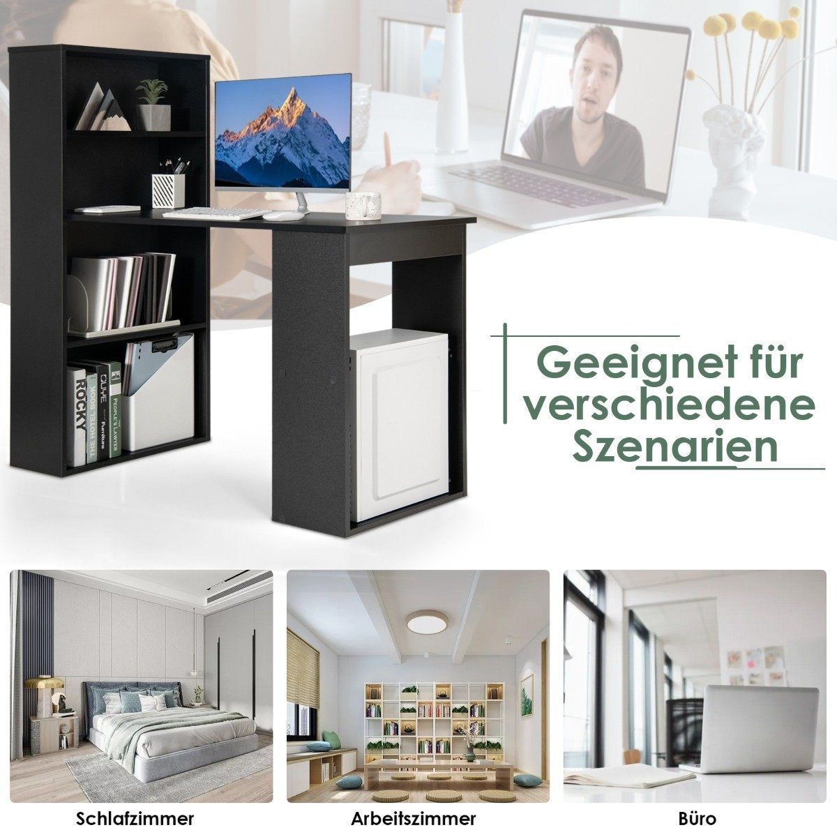 Desk with bookshelf computer table with 6 shelves PC table with shelf office table black