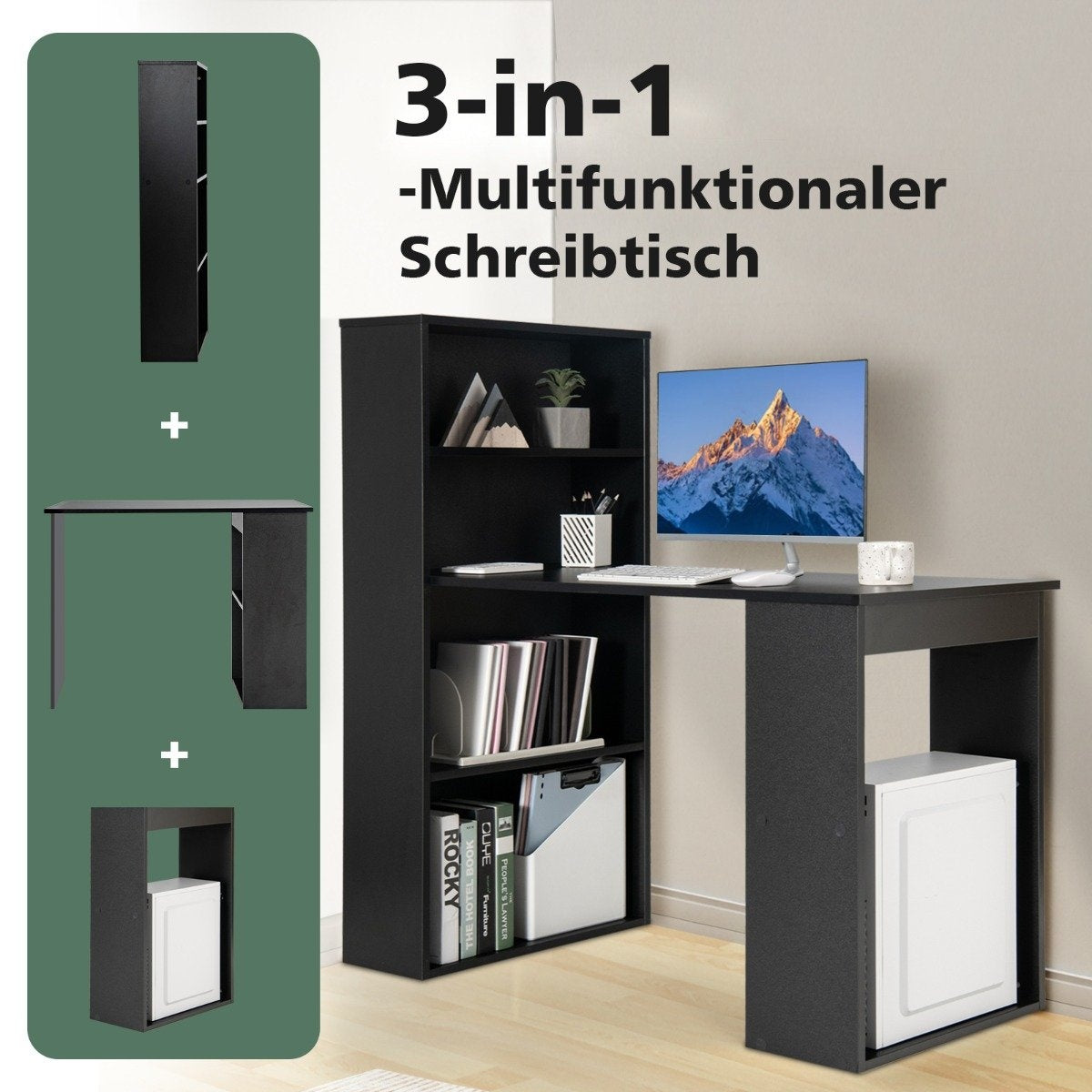 Desk with bookshelf computer table with 6 shelves PC table with shelf office table black