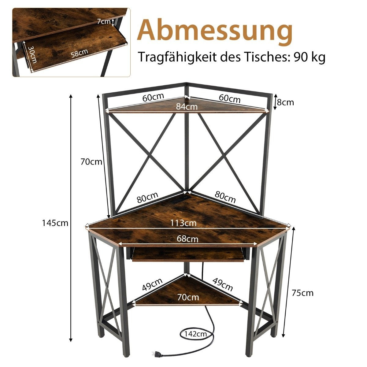Desk with charging station corner computer table with keyboard shelf & 2 shelves 113 x 75 x 145 cm Rustic brown + black