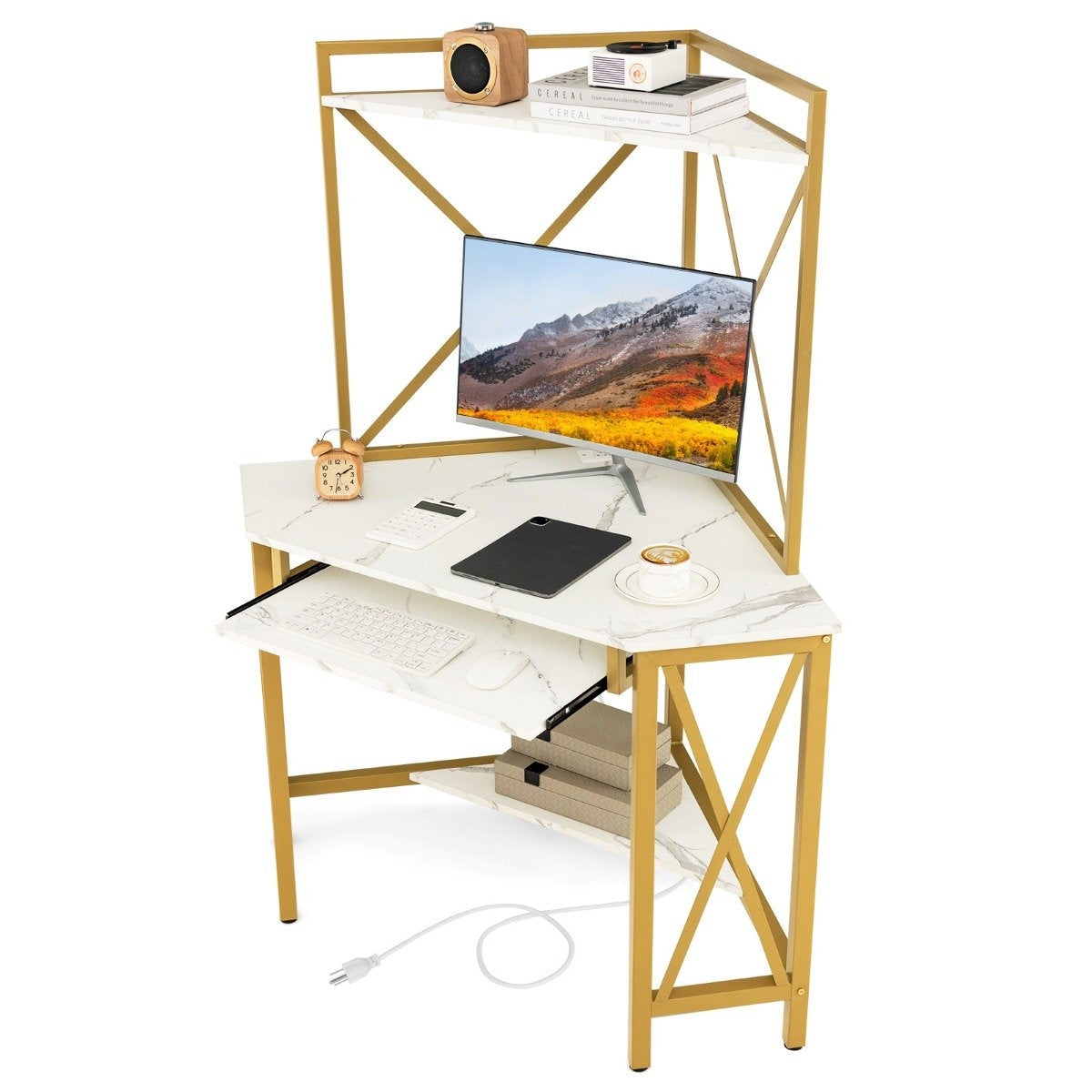 Desk with charging station corner computer table with keyboard shelf & 2 shelves 113 x 75 x 145 cm white + gold