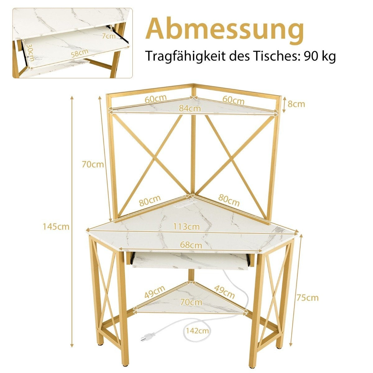 Desk with charging station corner computer table with keyboard shelf & 2 shelves 113 x 75 x 145 cm white + gold