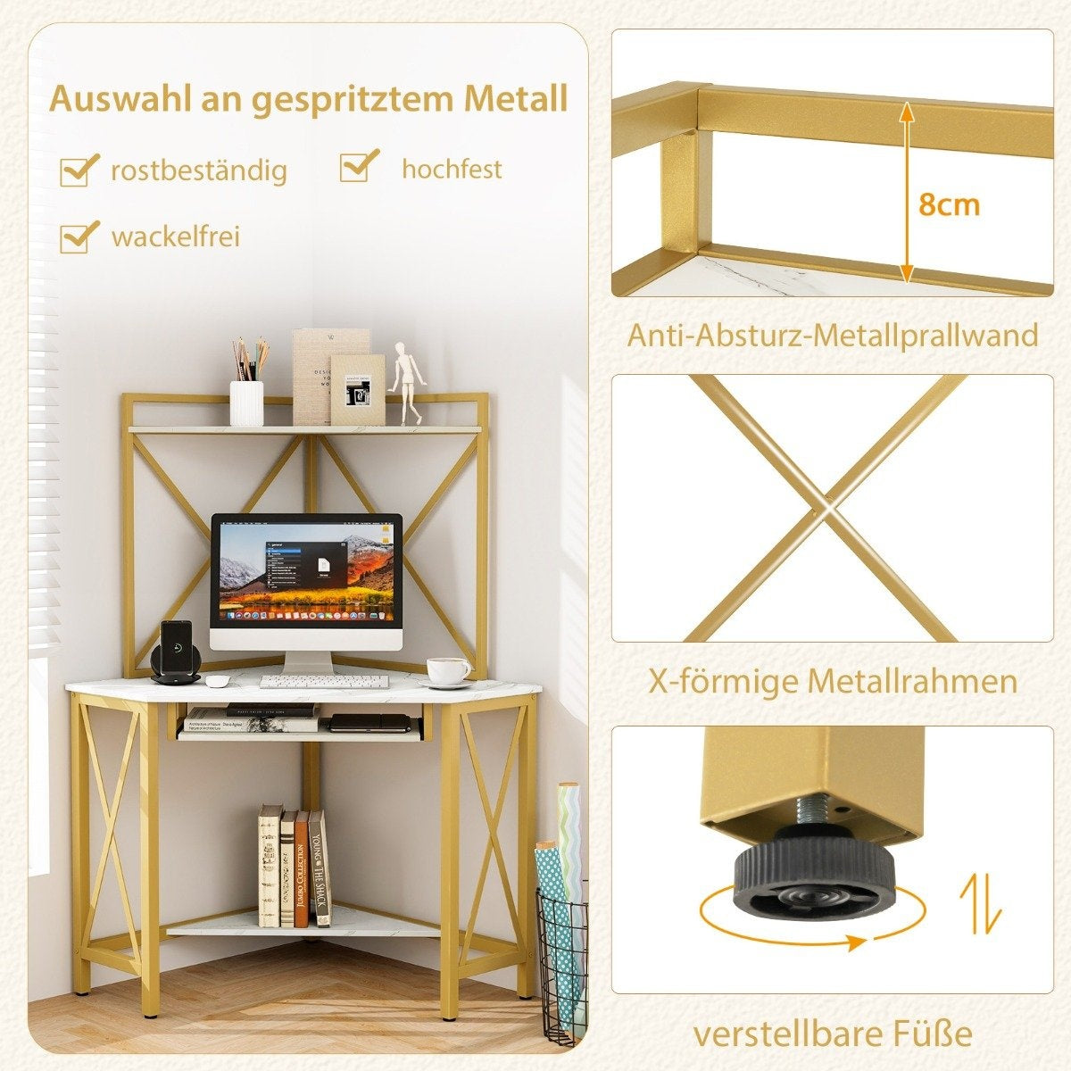 Desk with charging station corner computer table with keyboard shelf & 2 shelves 113 x 75 x 145 cm white + gold