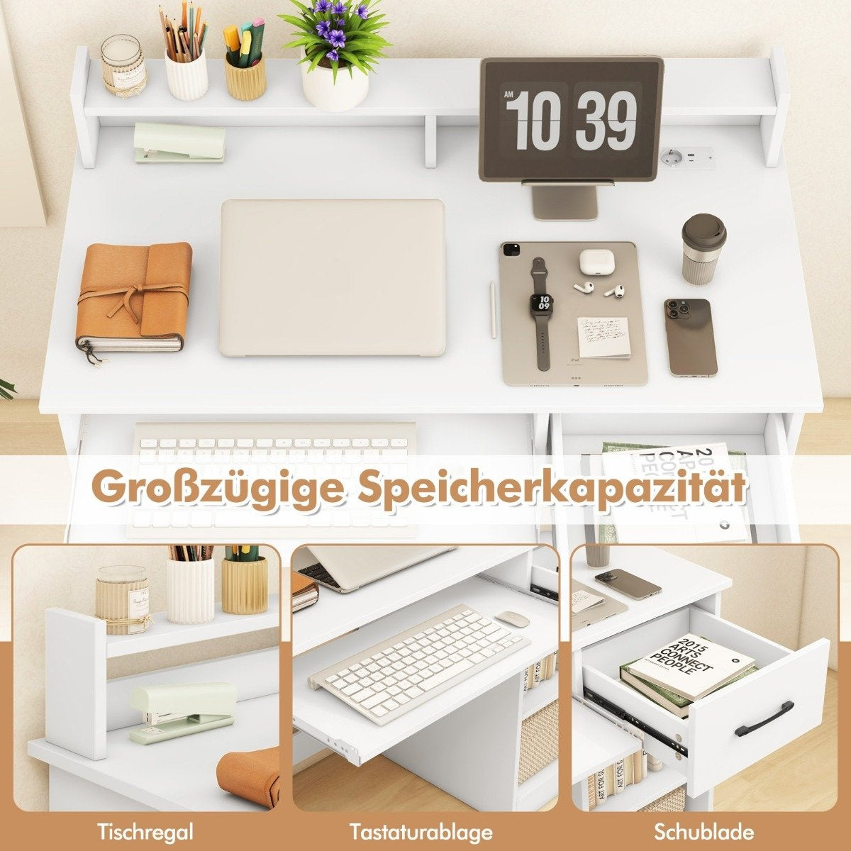 Desk with charging station, keyboard tray, drawer & adjustable shelf, white 105 x 55 x 89 cm