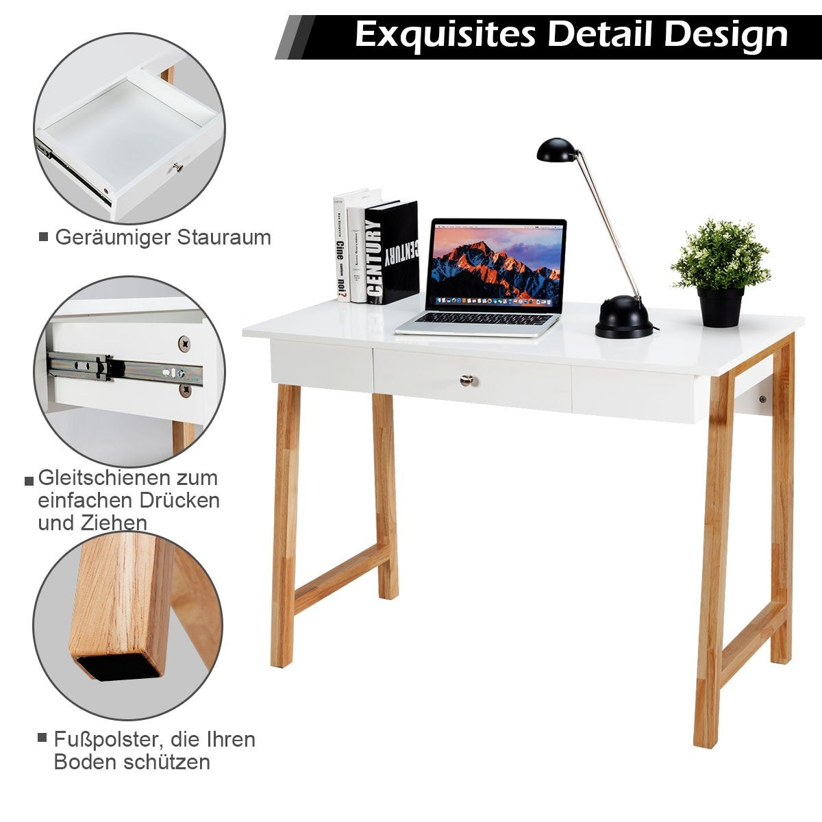 Desk with drawer, computer table, dressing table, office table, 106 x 50 x 75.5 cm, natural
