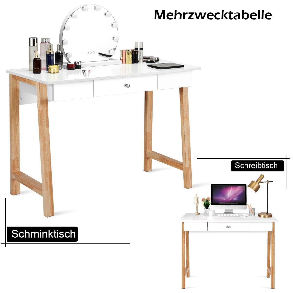 Desk with drawer, computer table, dressing table, office table, 106 x 50 x 75.5 cm, natural
