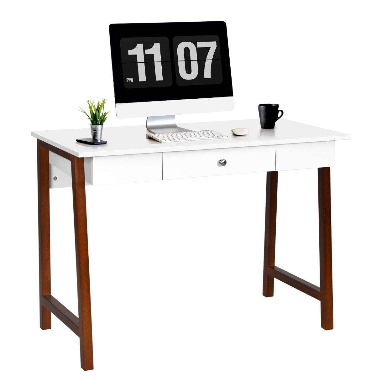 Desk with drawer, computer table, rubber table legs, dressing table, office table, brown