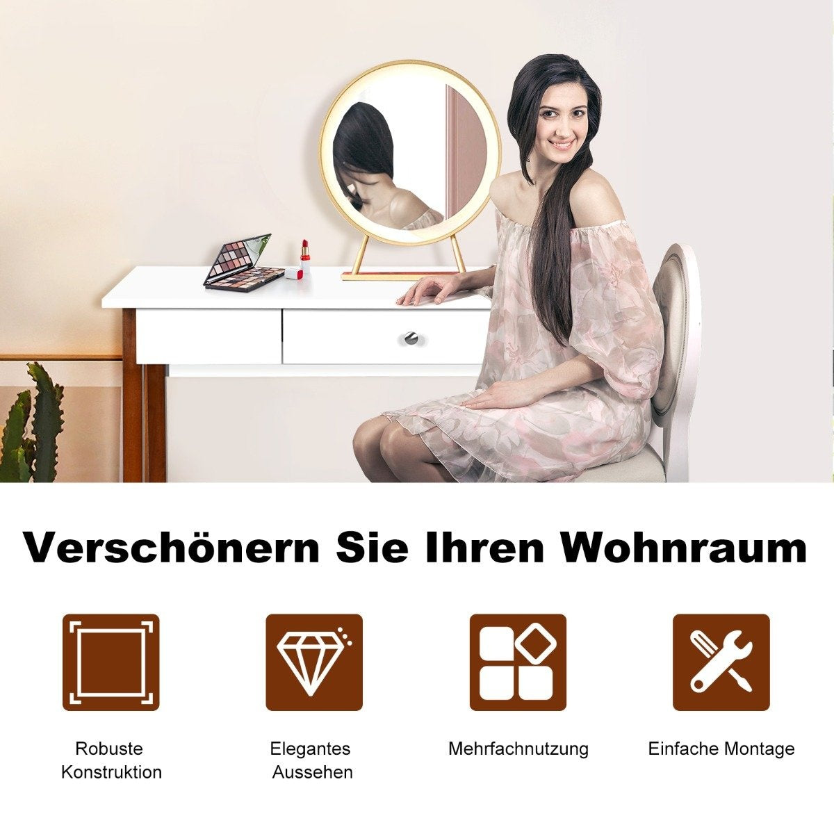 Desk with drawer, computer table, rubber table legs, dressing table, office table, brown