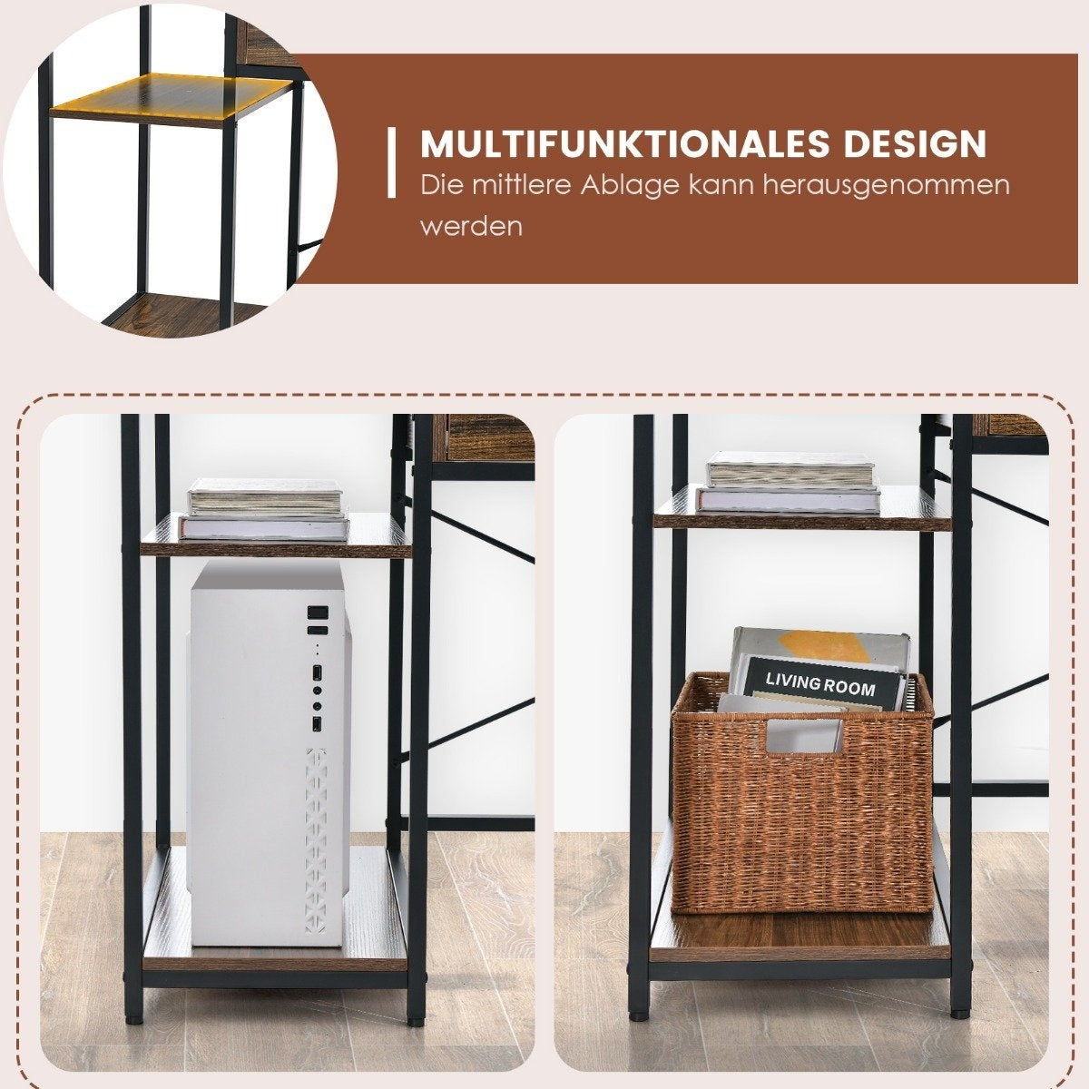 Desk with drawer monitor stand & 2 open shelves computer desk with metal frame 120 x 56 x 90.5 cm
