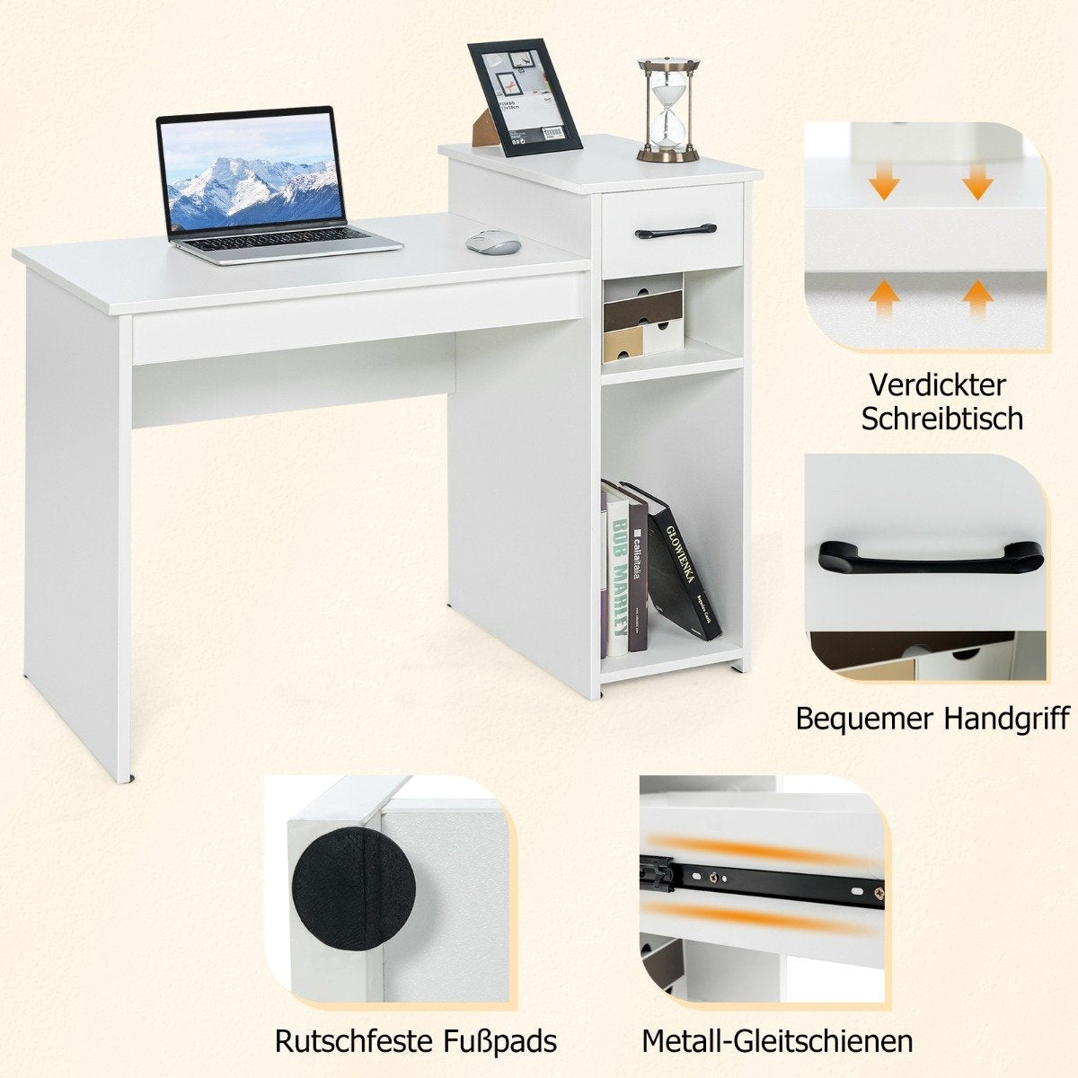 Desk with drawer & open shelves Wooden computer desk 102 x 50 x 82 cm White