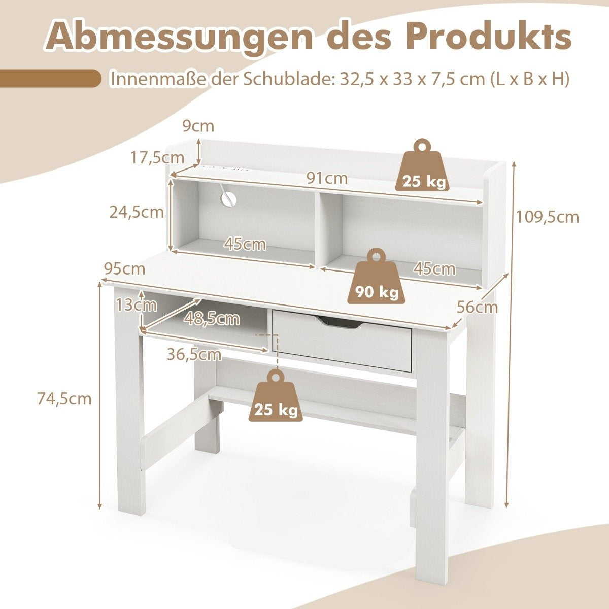 Desk with sockets Small computer desk with attachment 95 x 56 x 109.5 cm white
