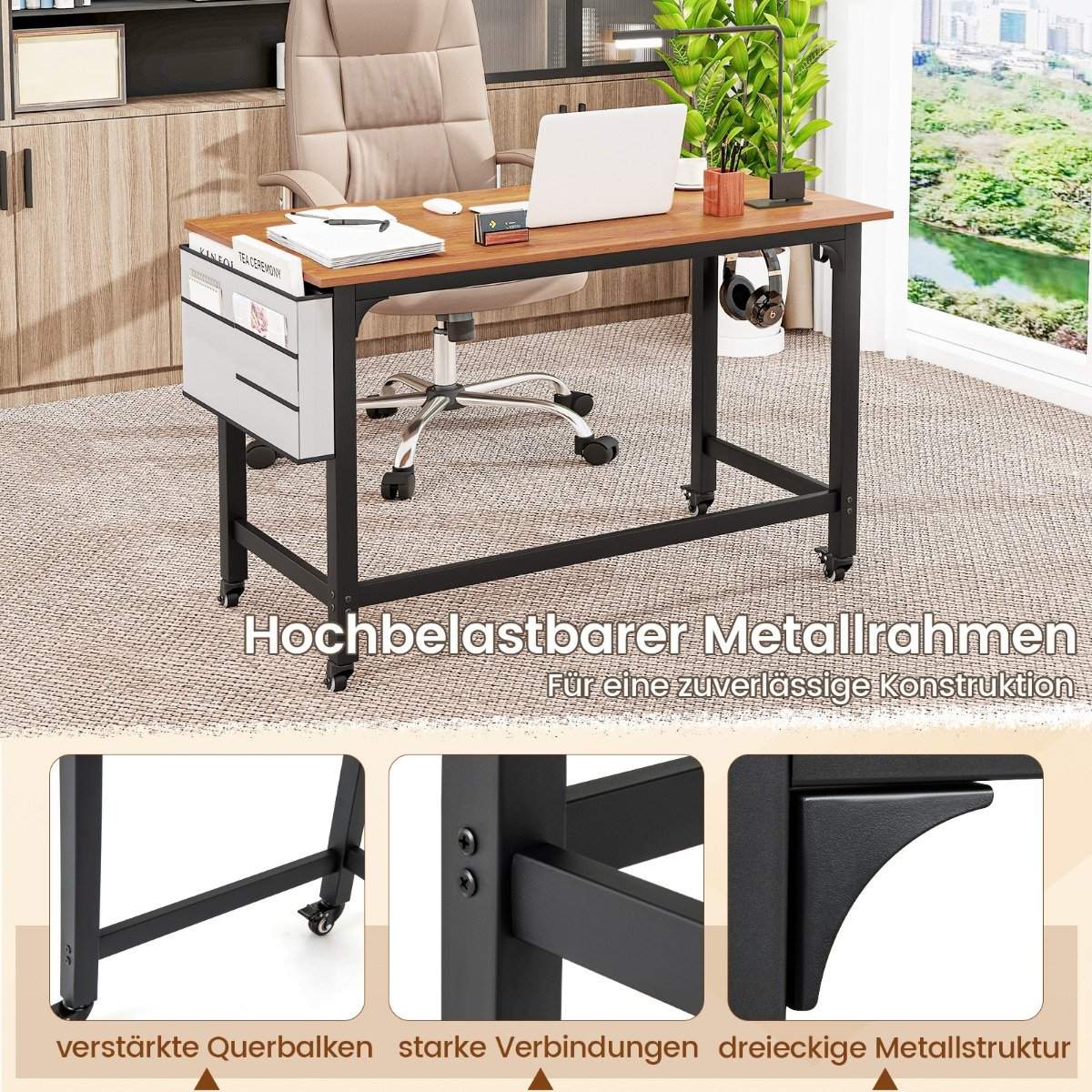 Desk with wheels Computer table with removable fabric bag and headphone hook 120 x 60 x 75 cm Natural