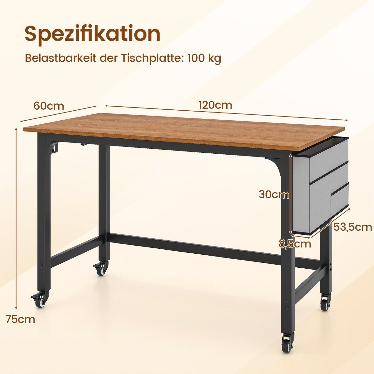 Desk with wheels Computer table with removable fabric bag and headphone hook 120 x 60 x 75 cm Natural