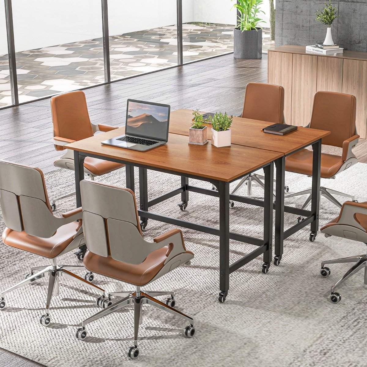 Desk with wheels Computer table with removable fabric bag and headphone hook 120 x 60 x 75 cm Natural