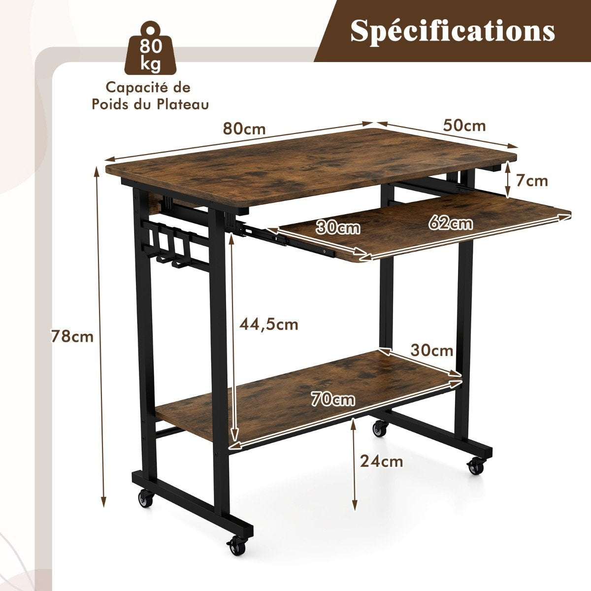 Desk with wheels & keyboard shelf & bottom shelf & hooks computer desk brown