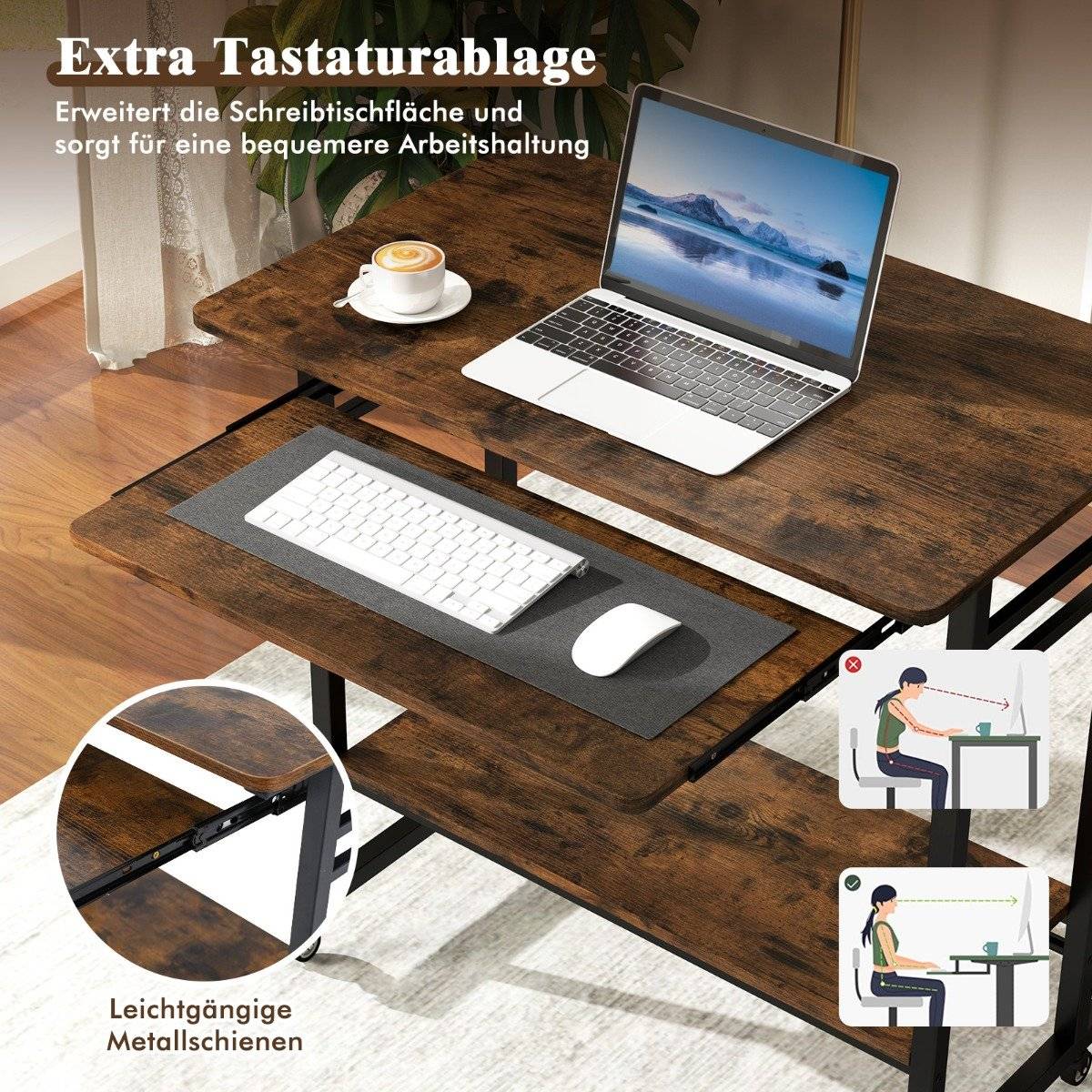 Desk with wheels & keyboard shelf & bottom shelf & hooks computer desk brown