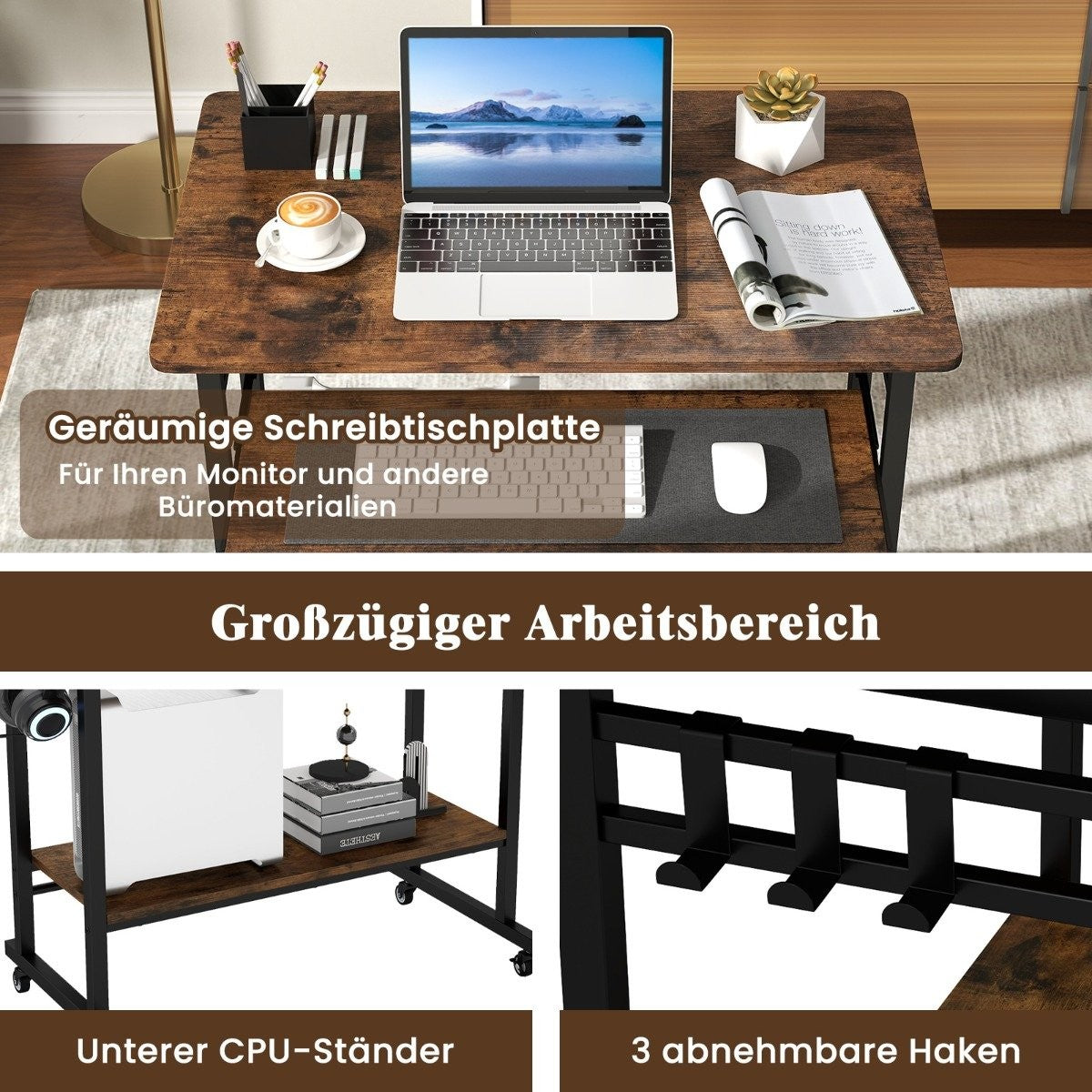Desk with wheels & keyboard shelf & bottom shelf & hooks computer desk brown