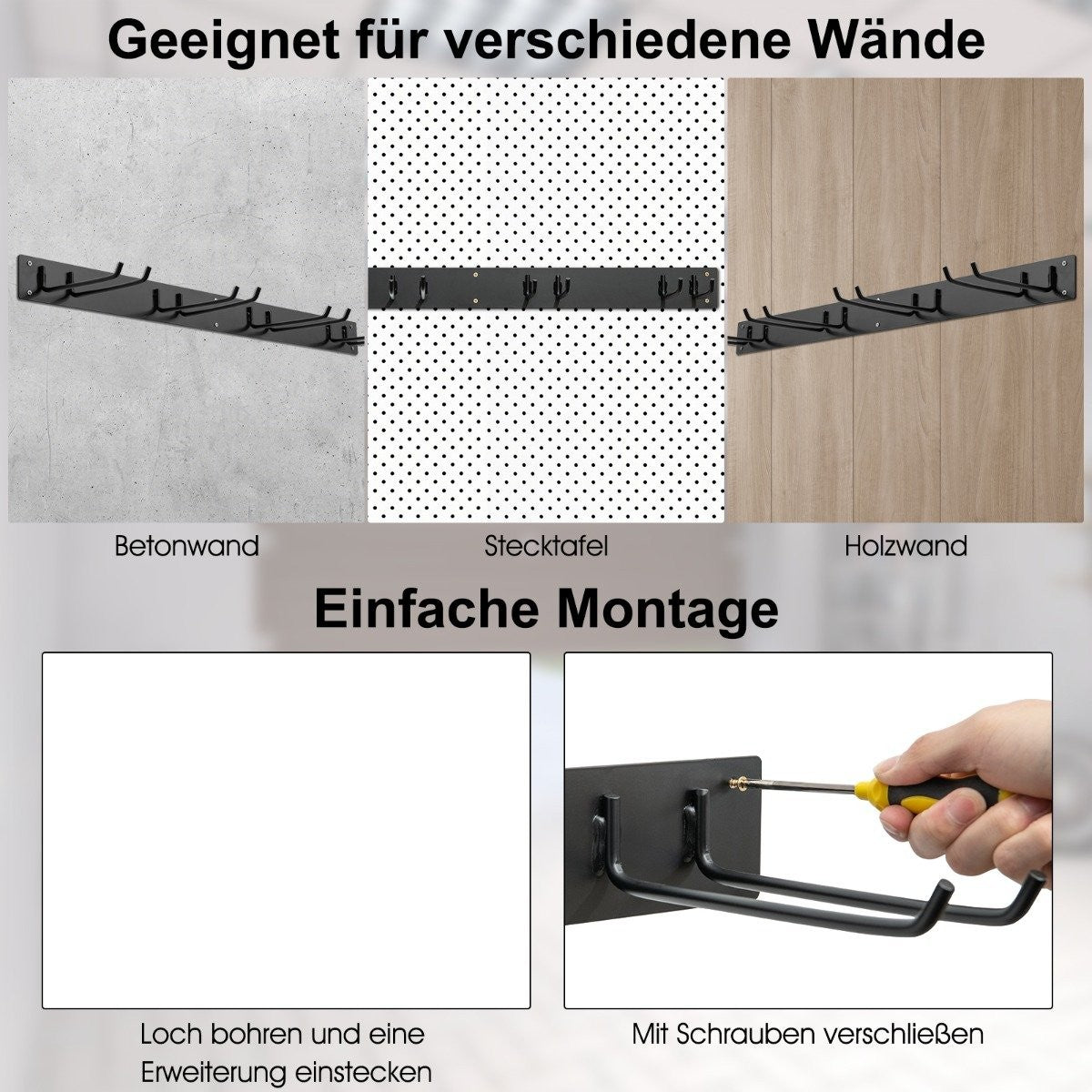 Device holder wall mount incl. 4 double hooks Garden tool holder 150 kg load capacity