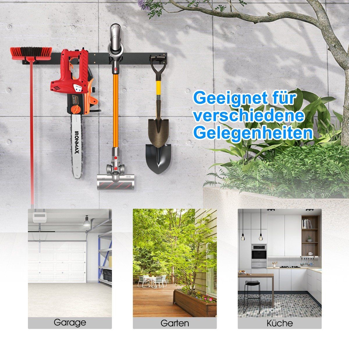 Device holder wall mount incl. 4 double hooks Garden tool holder 150 kg load capacity