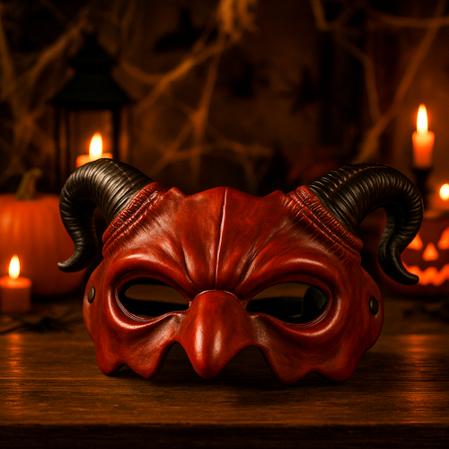 Devil Halloween Mask with Horns, Red/Black, Elastic Band
