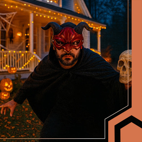 Devil Halloween Mask with Horns, Red/Black, Elastic Band