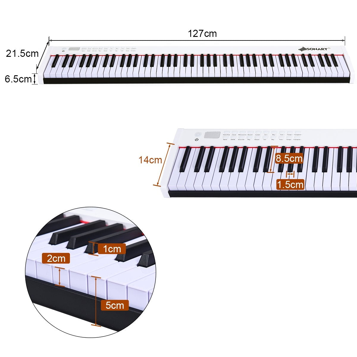 Digital Piano with 88 Keys Portable Electronic Keyboard 127 x 21.5 x 6.5cm White + Black