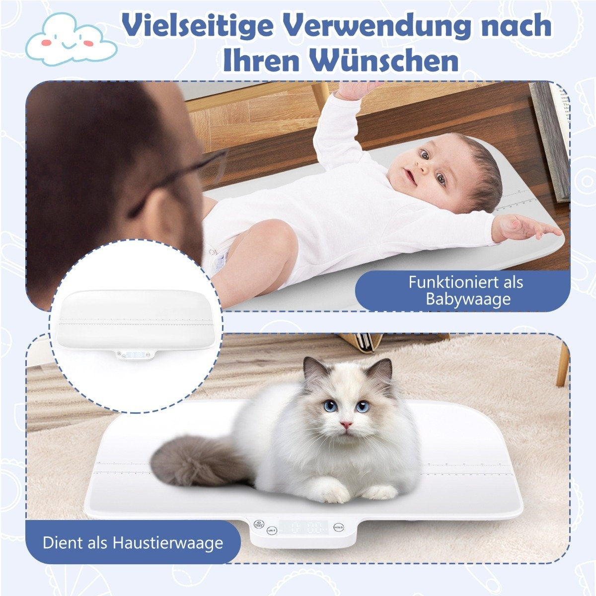 Digital baby scales, multi-functional children's scales with 4 measuring modes, up to 30 kg load capacity, white