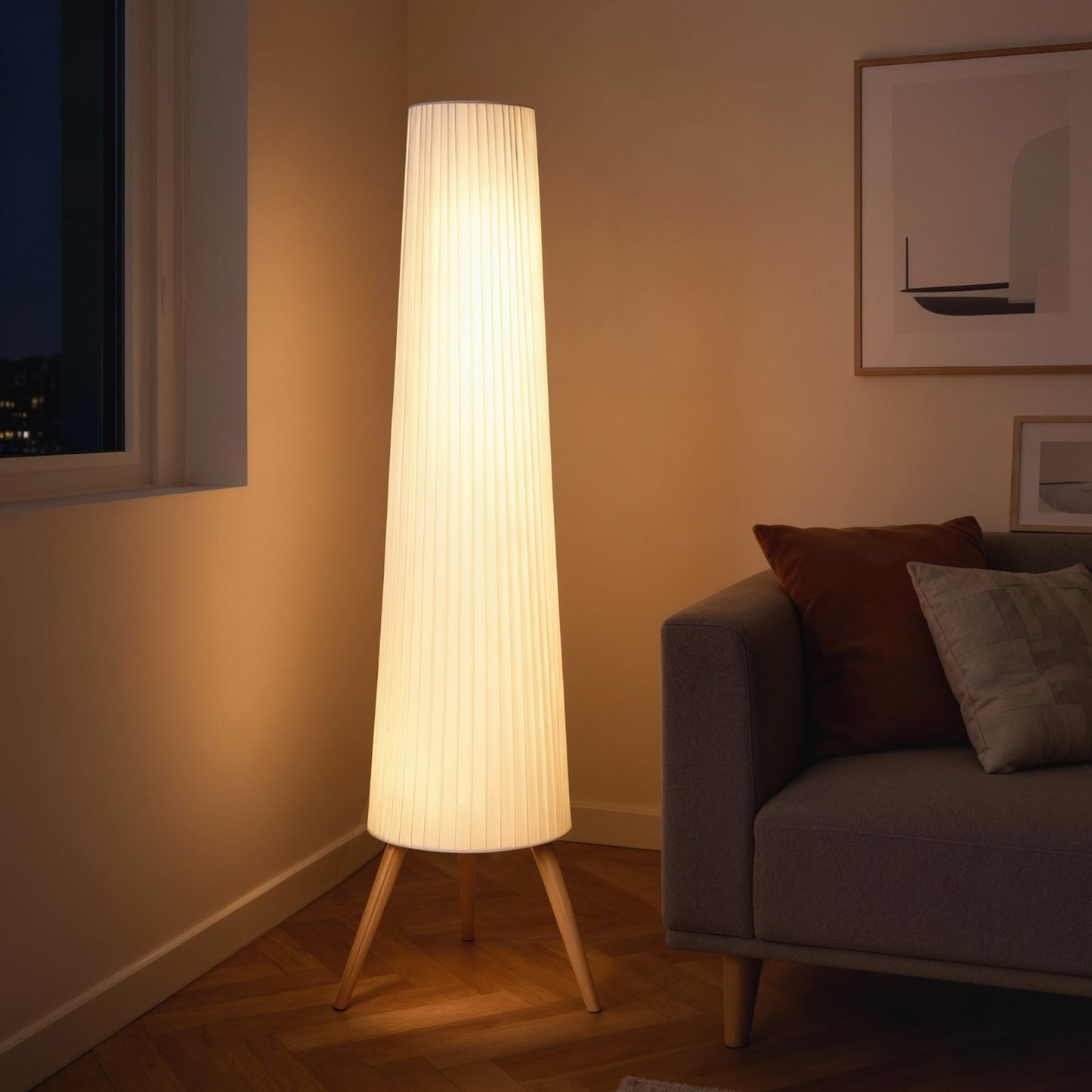 Dimmable LED Floor Lamp, Wood Tripod, Foot Switch, White