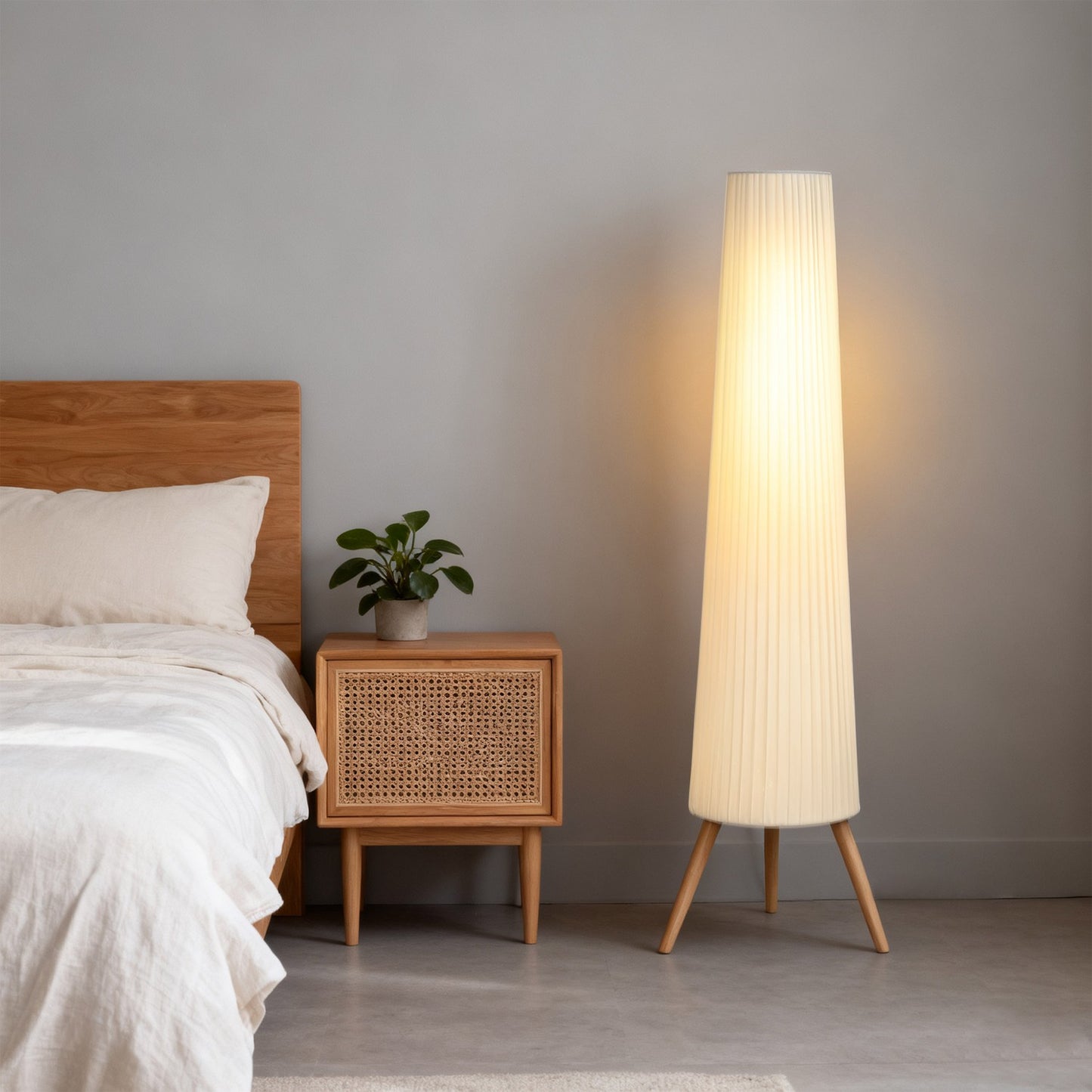 Dimmable LED Floor Lamp, Wood Tripod, Foot Switch, White