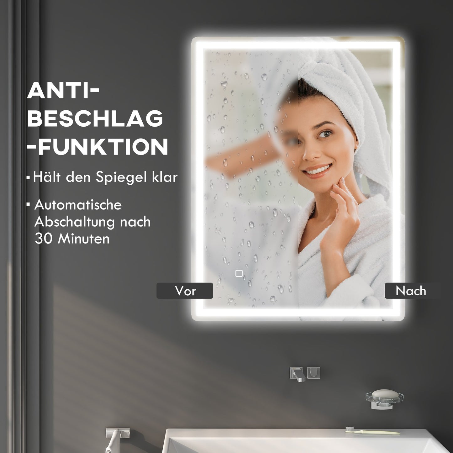 Dimmable 80x60cm bathroom mirror, fog-free with memory