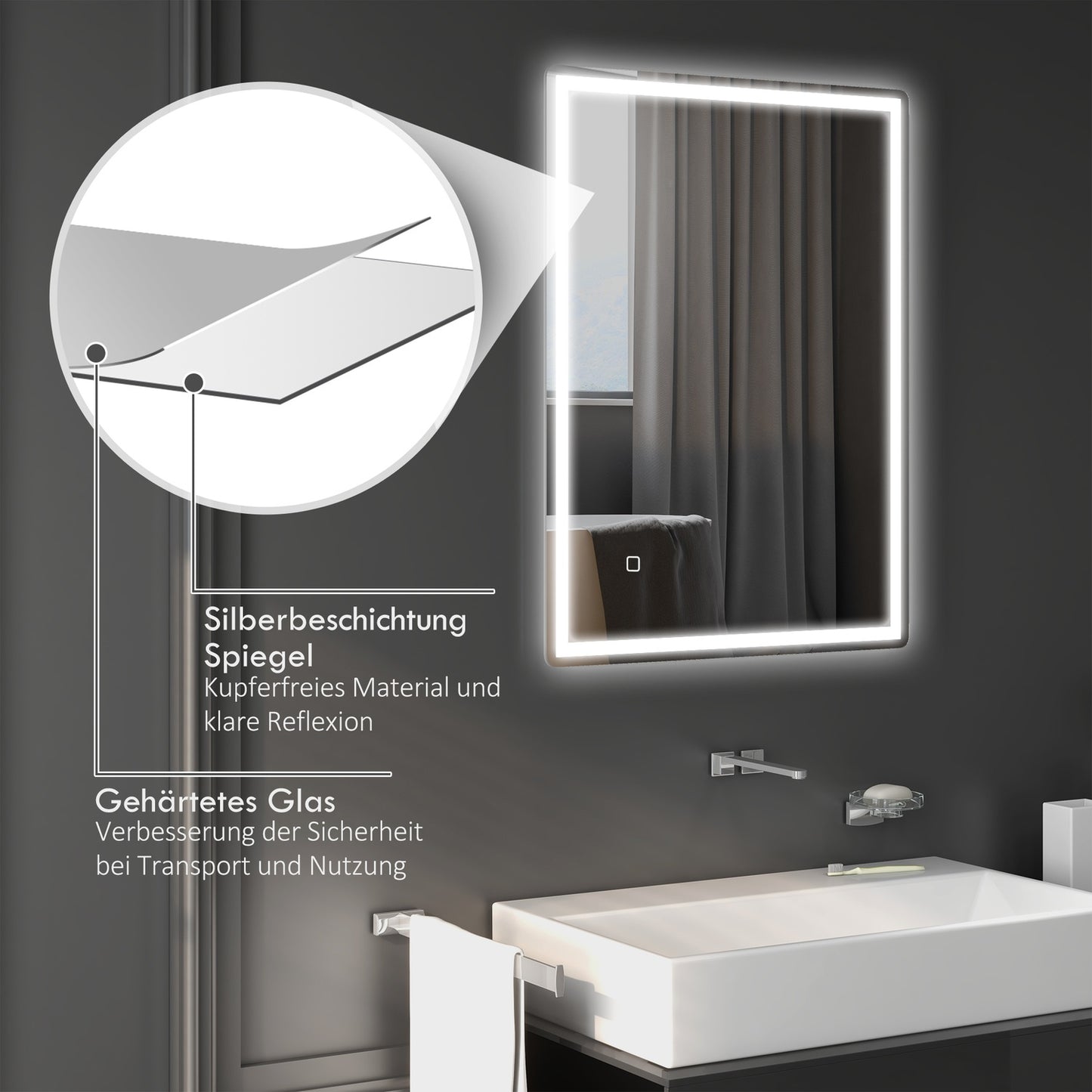 Dimmable 80x60cm bathroom mirror, fog-free with memory