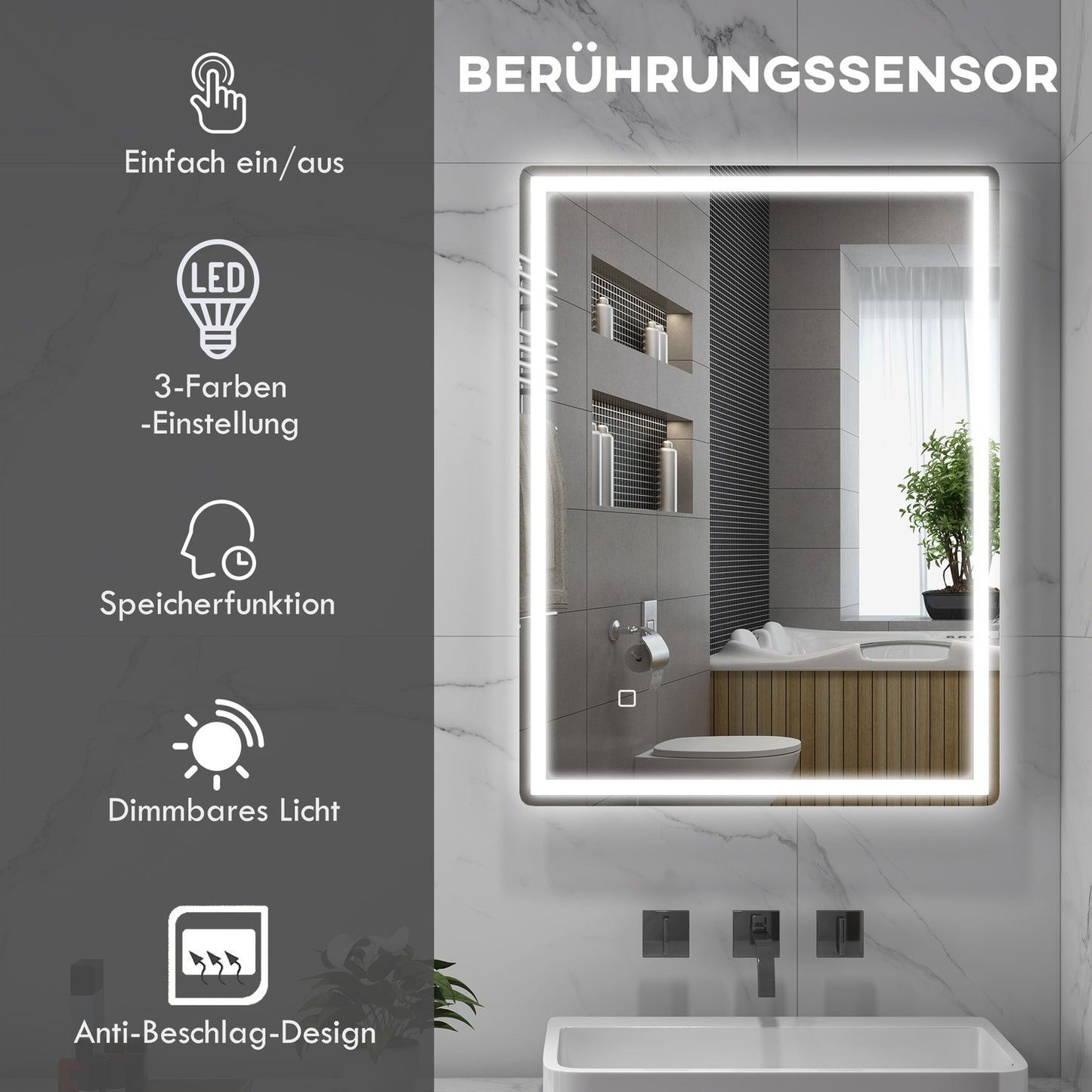 Dimmable 80x60cm bathroom mirror, fog-free with memory
