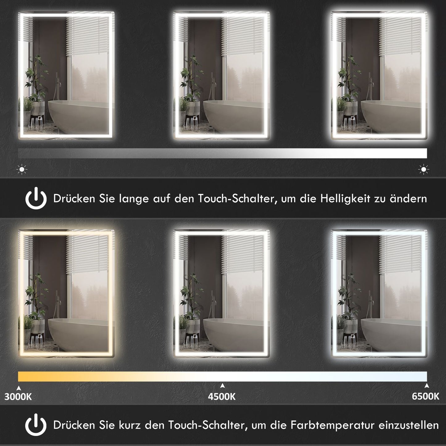 Dimmable 80x60cm bathroom mirror, fog-free with memory