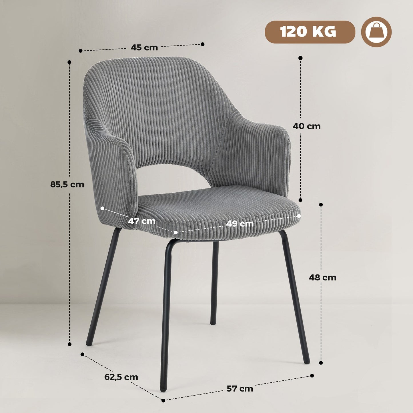 Dining Chair, Cord Upholstery, Shell Shape, Metal Legs, Gray