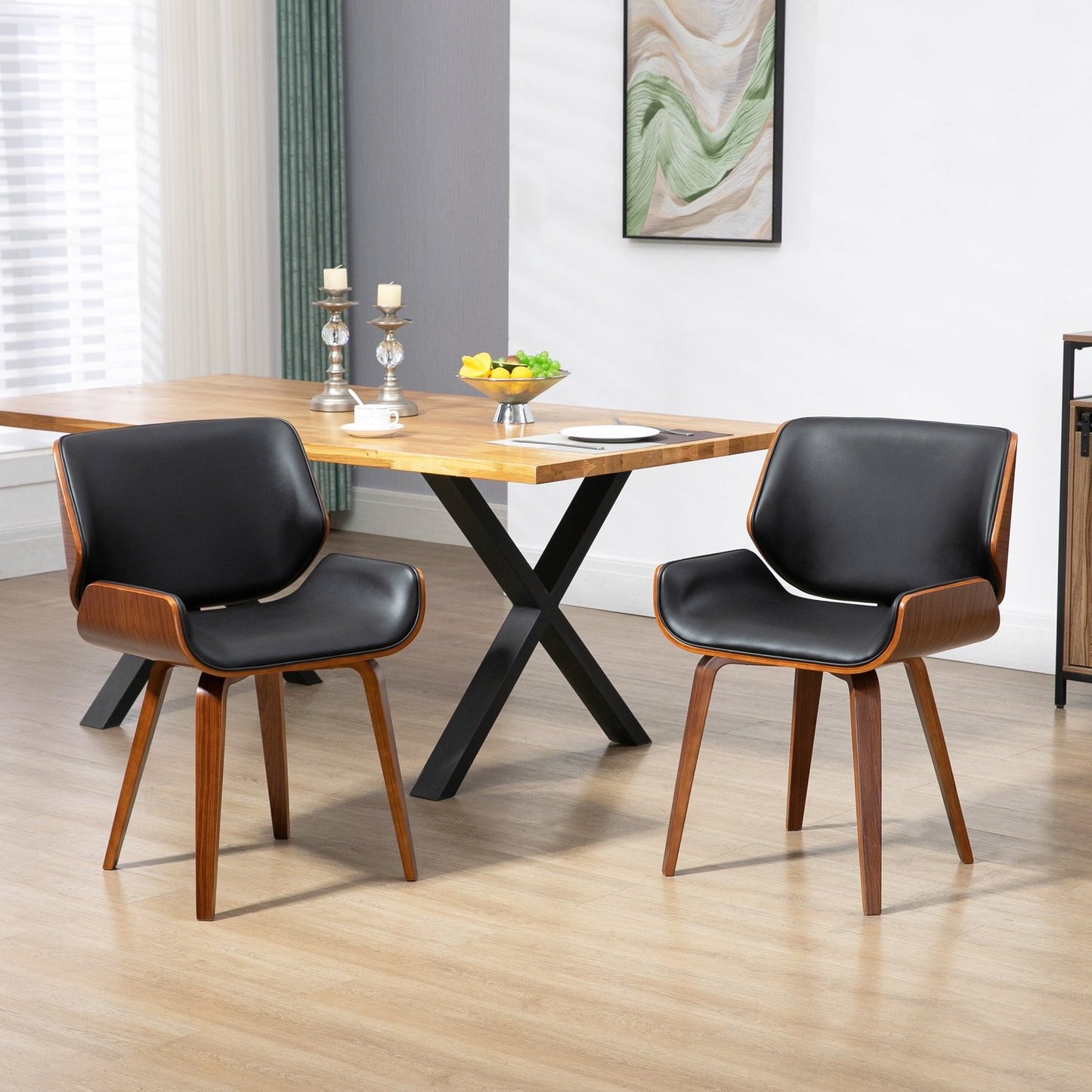 Dining Chairs Set of 2, Black Faux Leather, Wood Frame