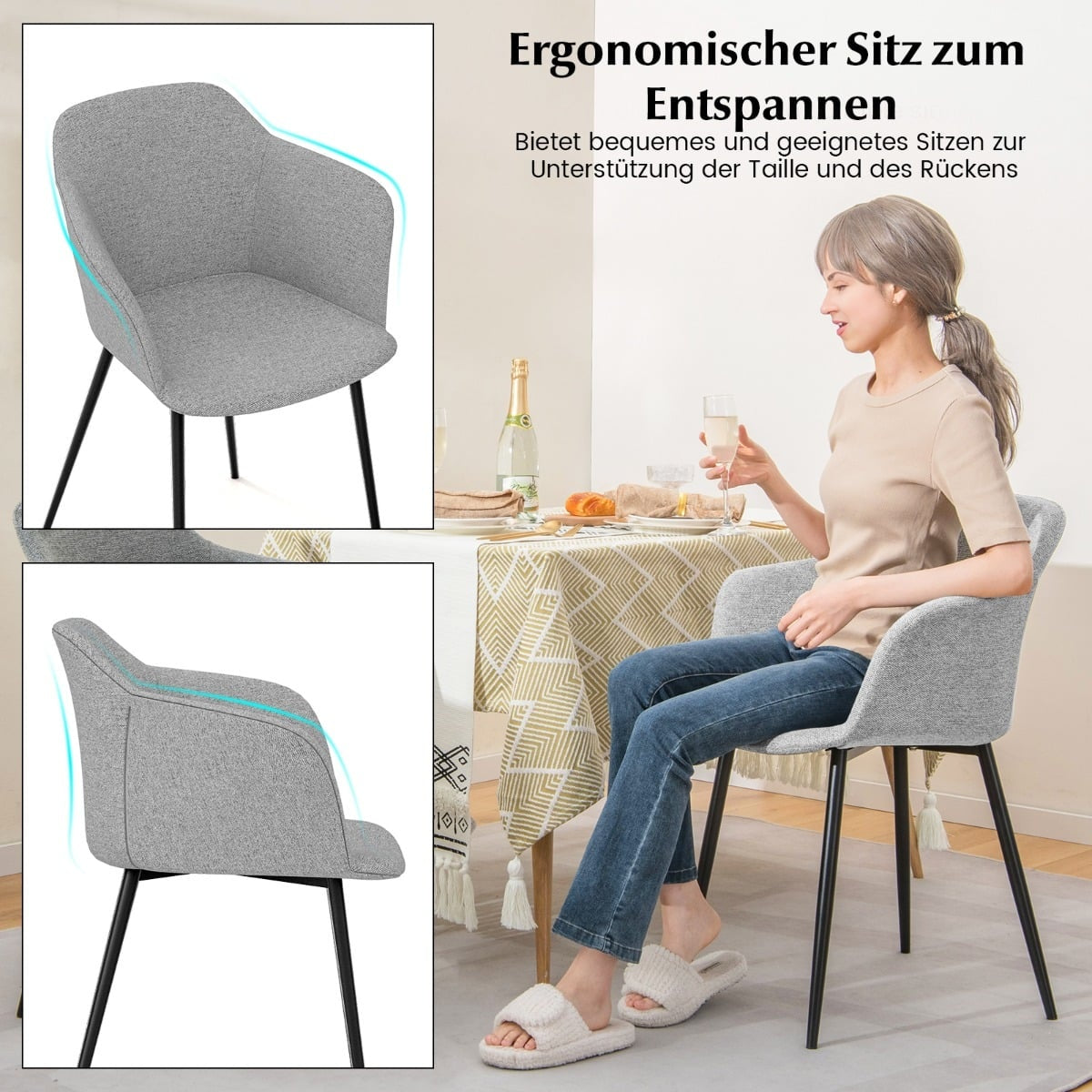 Dining Chairs Set of 2, Light Grey, Ergonomic Backrest