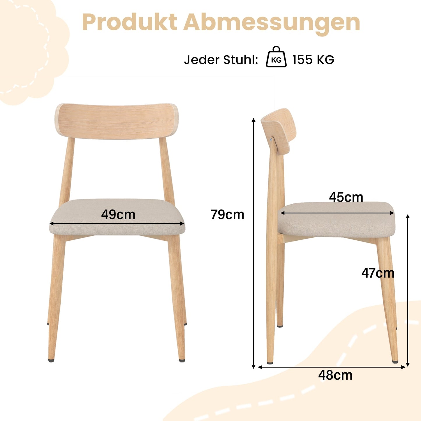Dining Chairs Set of 2, Padded Linen, Metal Legs
