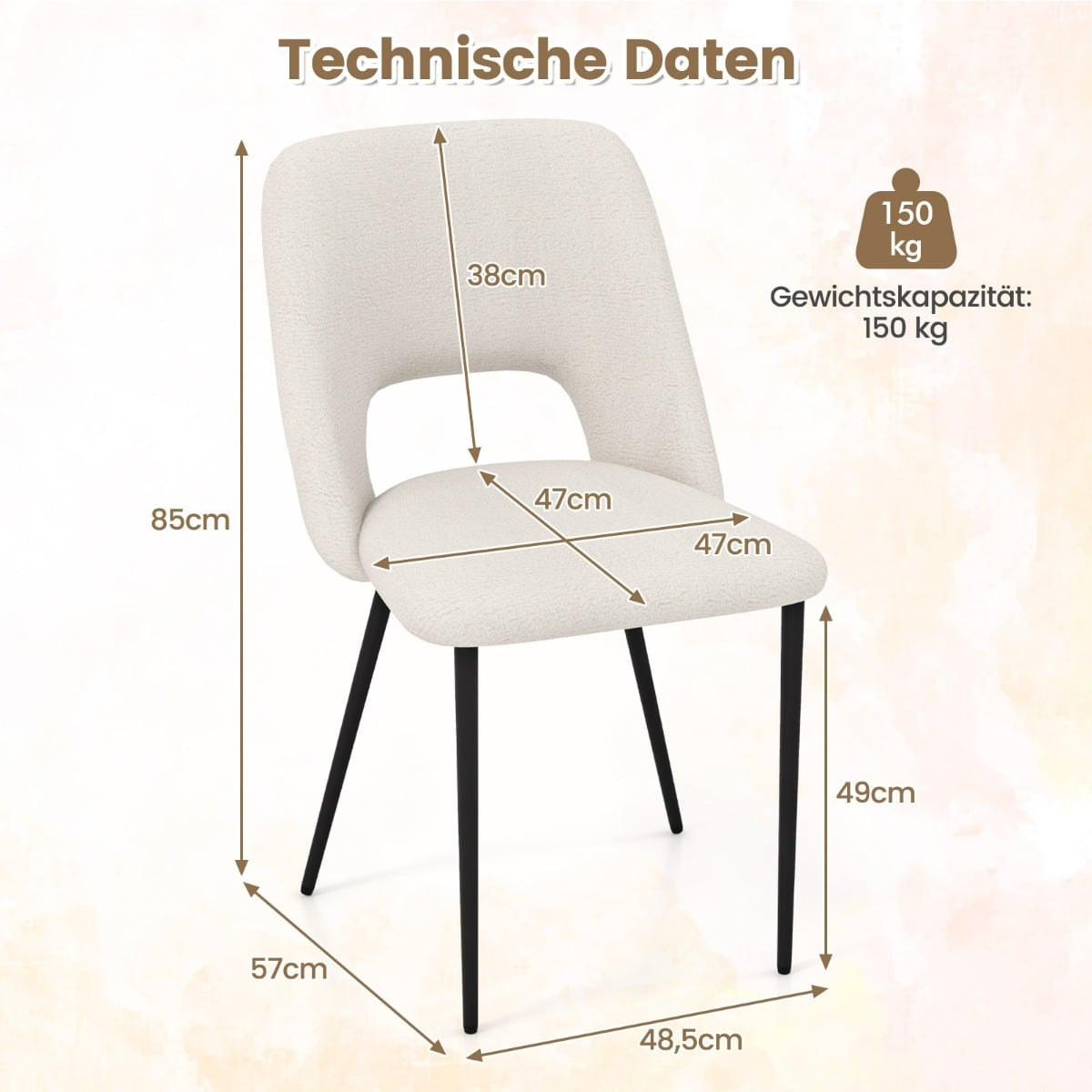 Dining Chairs Set of 2, Padded Velvet, Beige, Metal Frame