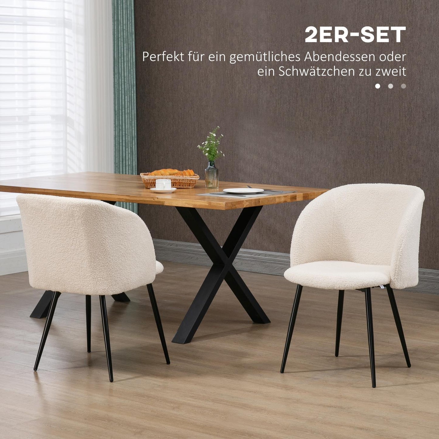 Dining Chairs Set of 2, Upholstered, Cream White, Steel Legs