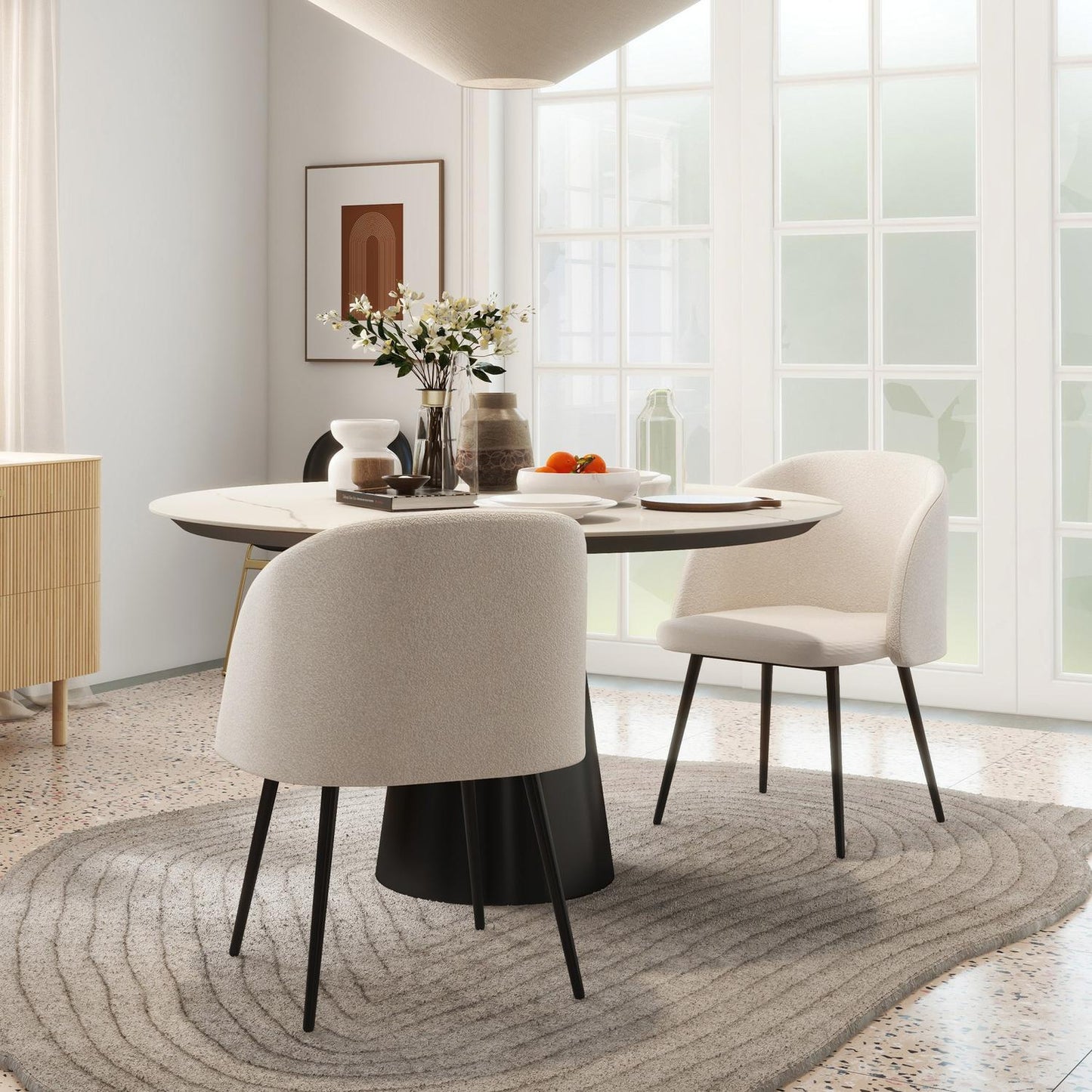 Dining Chairs Set of 2, Upholstered, Cream White, Steel Legs