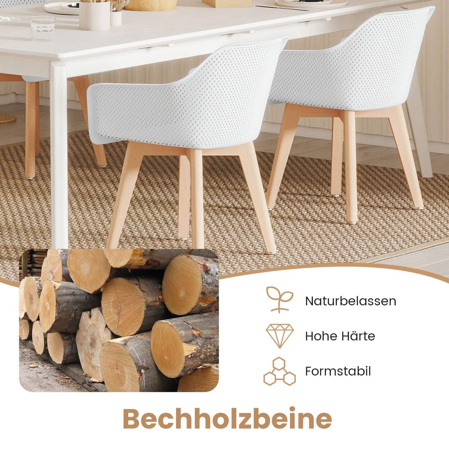 Dining Chairs Set of 2, White, Wood Legs, Ergonomic Back