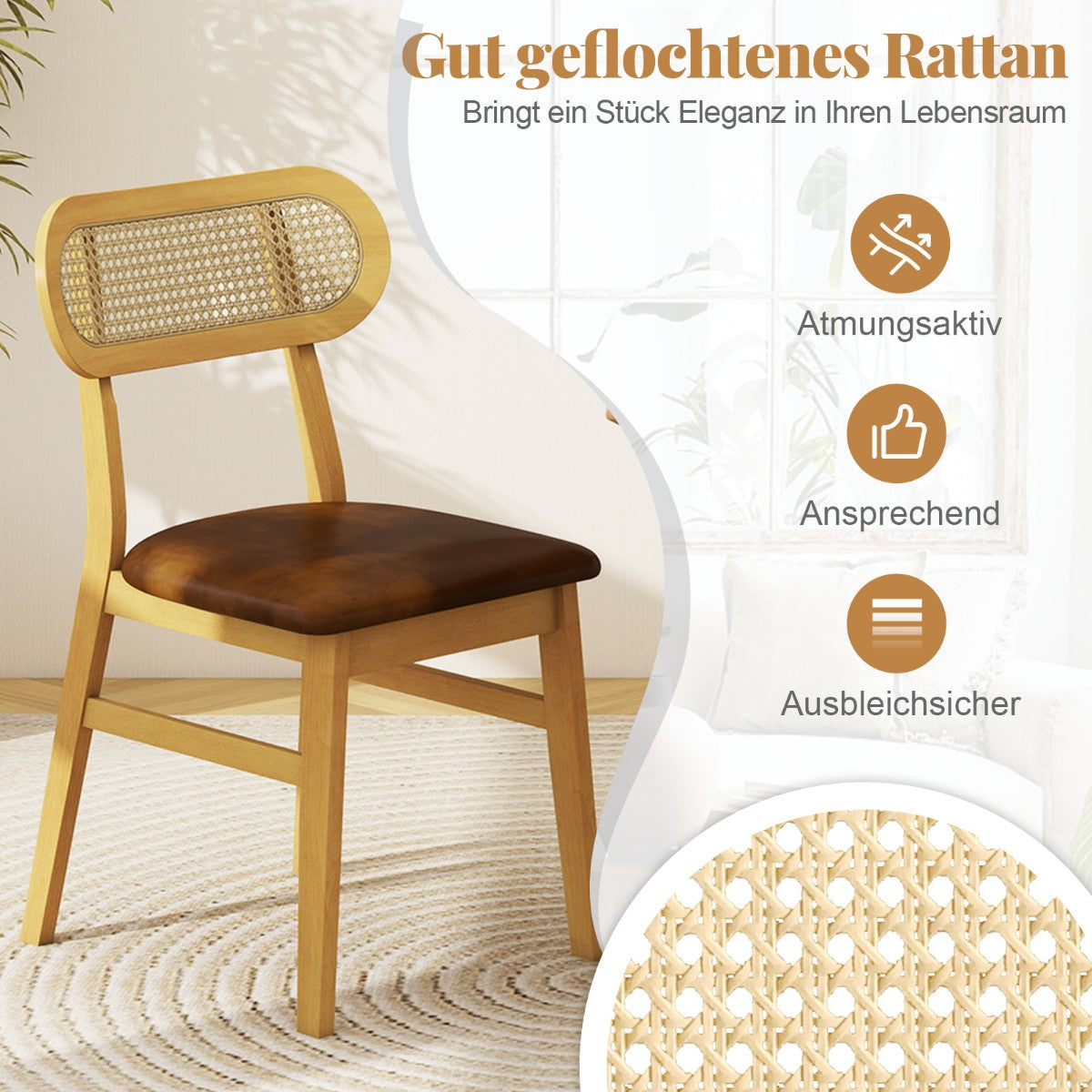 Dining Chairs Set of 2, Wood Frame, Padded Seat, Brown